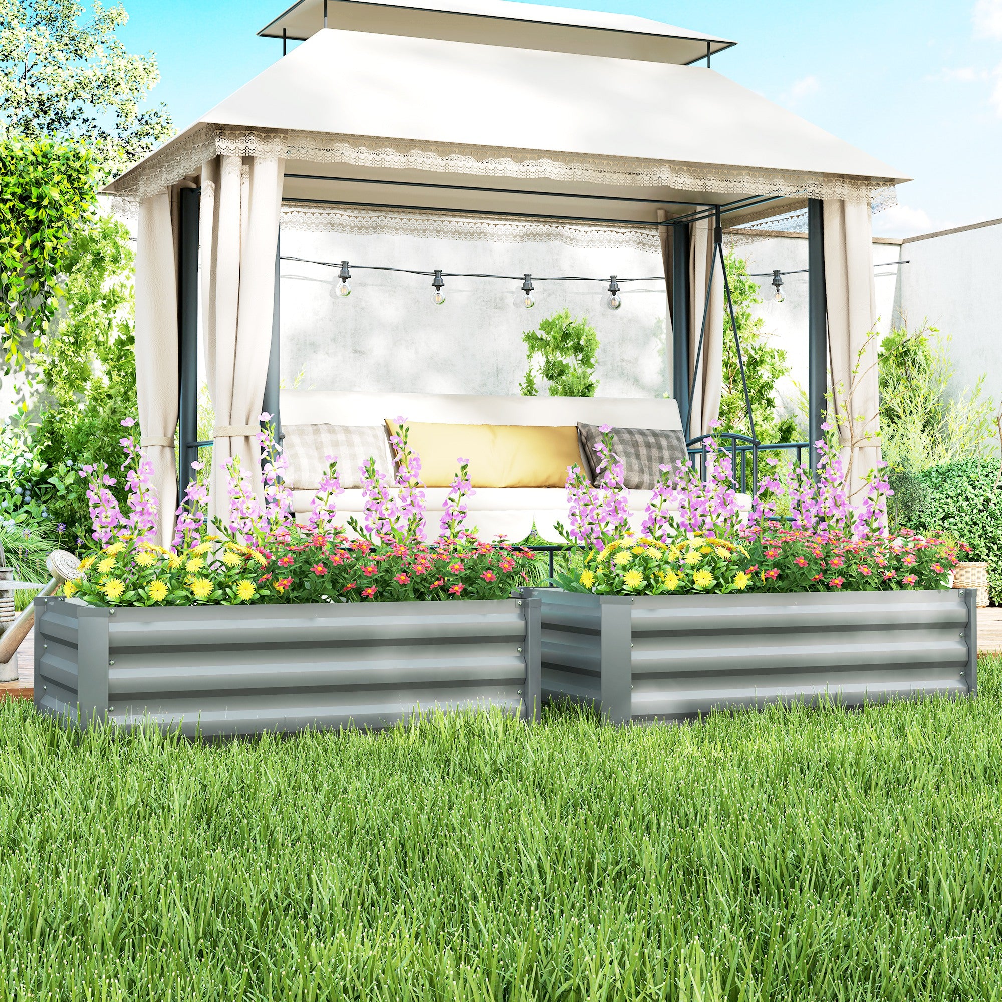 Outsunny Set of 2 Raised Garden Beds, Galvanized Planters for Outdoor Plants, Elevated Planter Box, Easy-to-assemble, for Growing Flowers, Herbs and Vegetables, Light Grey