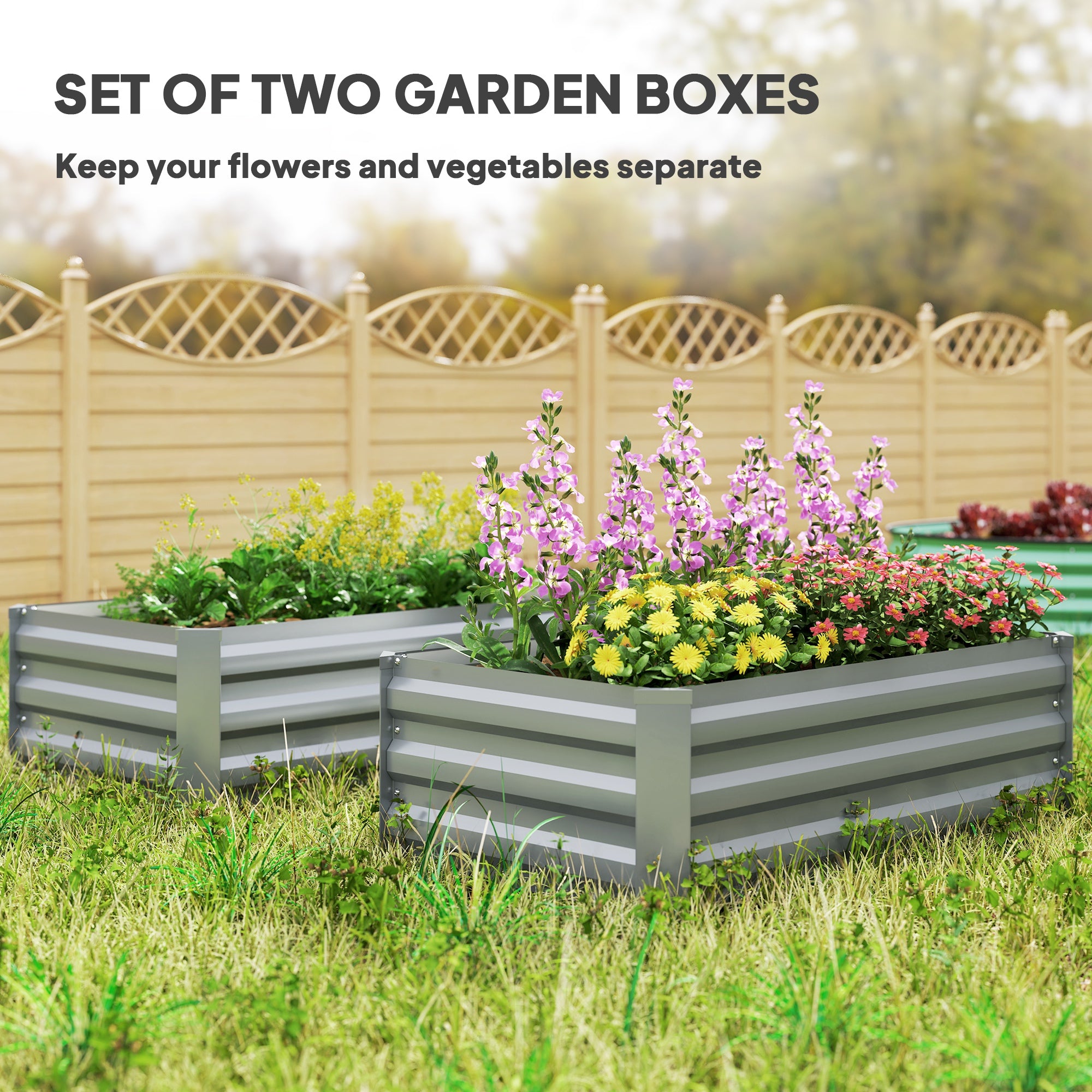 Outsunny Set of 2 Raised Garden Beds, Galvanized Planters for Outdoor Plants, Elevated Planter Box, Easy-to-assemble, for Growing Flowers, Herbs and Vegetables, Light Grey