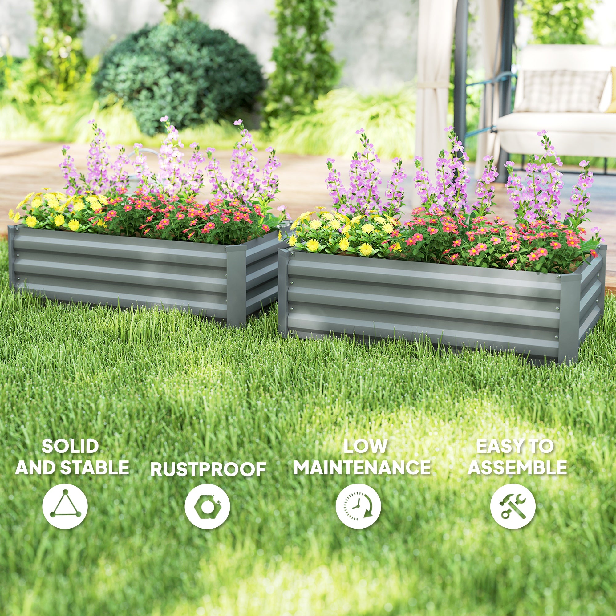 Outsunny Set of 2 Raised Garden Beds, Galvanized Planters for Outdoor Plants, Elevated Planter Box, Easy-to-assemble, for Growing Flowers, Herbs and Vegetables, Light Grey