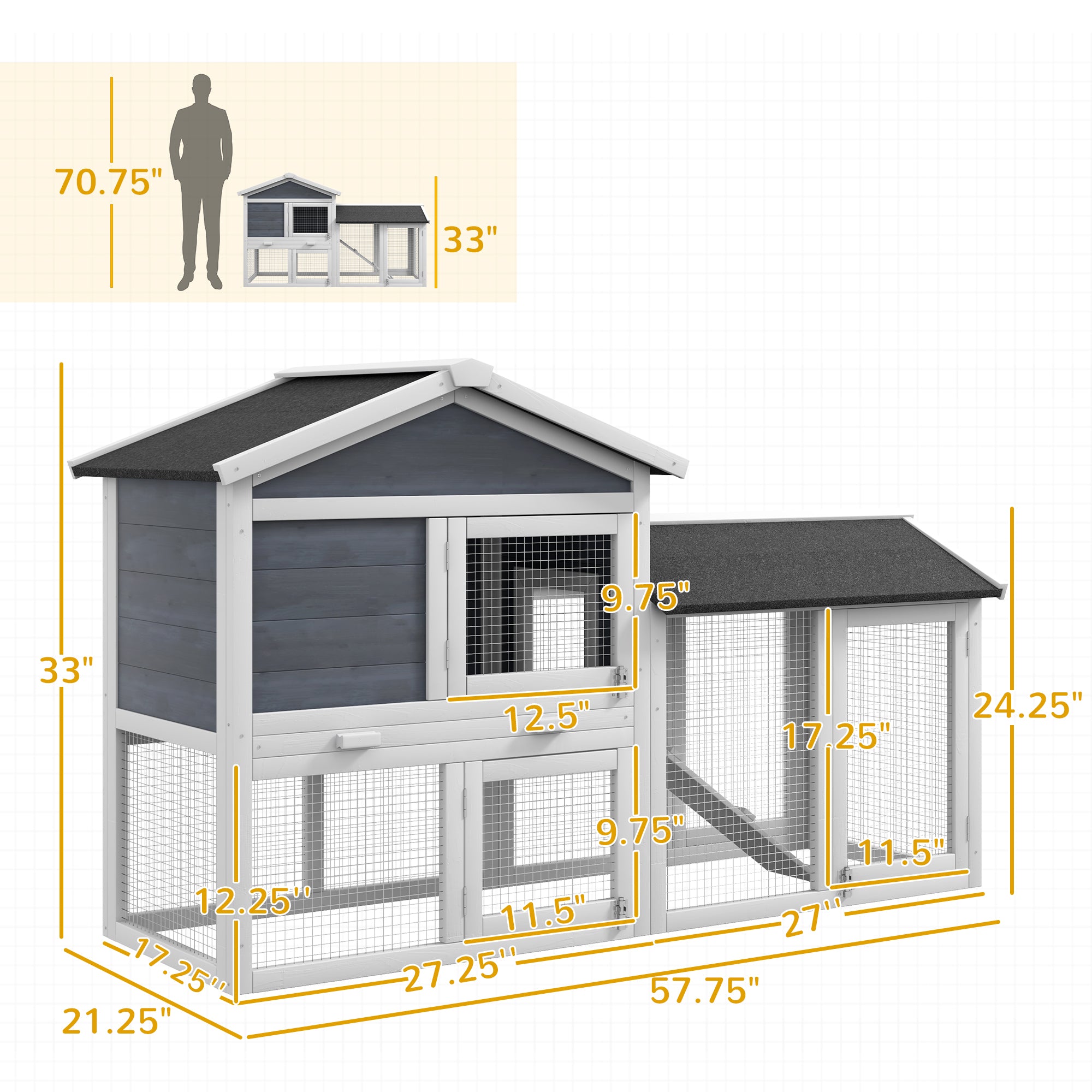 PawHut 58" Large Rabbit Hutch Outdoor Indoor, Wooden Bunny Hutch, Guinea Pig Cage with Run, Removable Tray, Asphalt Roof, Lockable Doors and Ramp, for 1-2 Small Rabbits, Gray