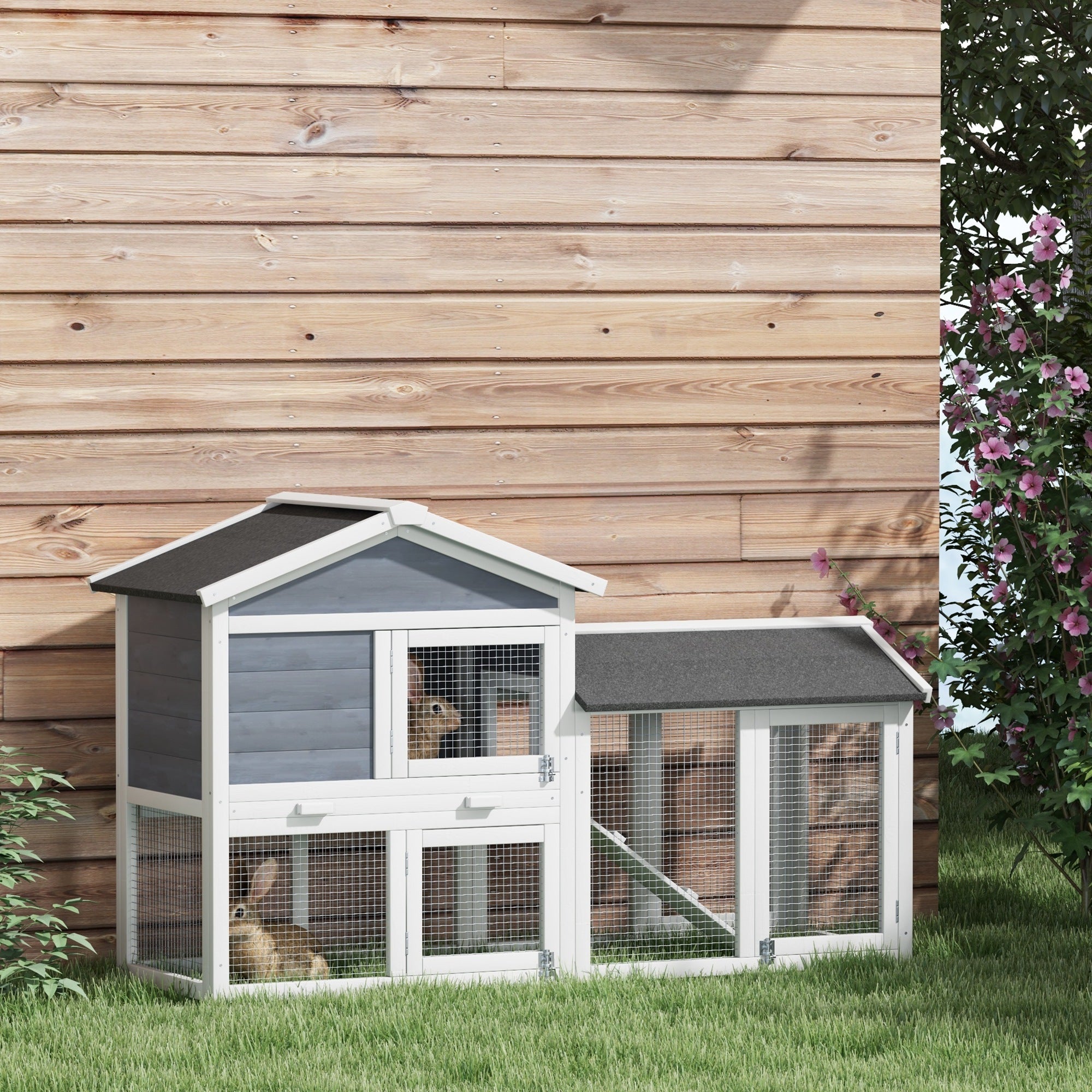 PawHut 58" Large Rabbit Hutch Outdoor Indoor, Wooden Bunny Hutch, Guinea Pig Cage with Run, Removable Tray, Asphalt Roof, Lockable Doors and Ramp, for 1-2 Small Rabbits, Gray