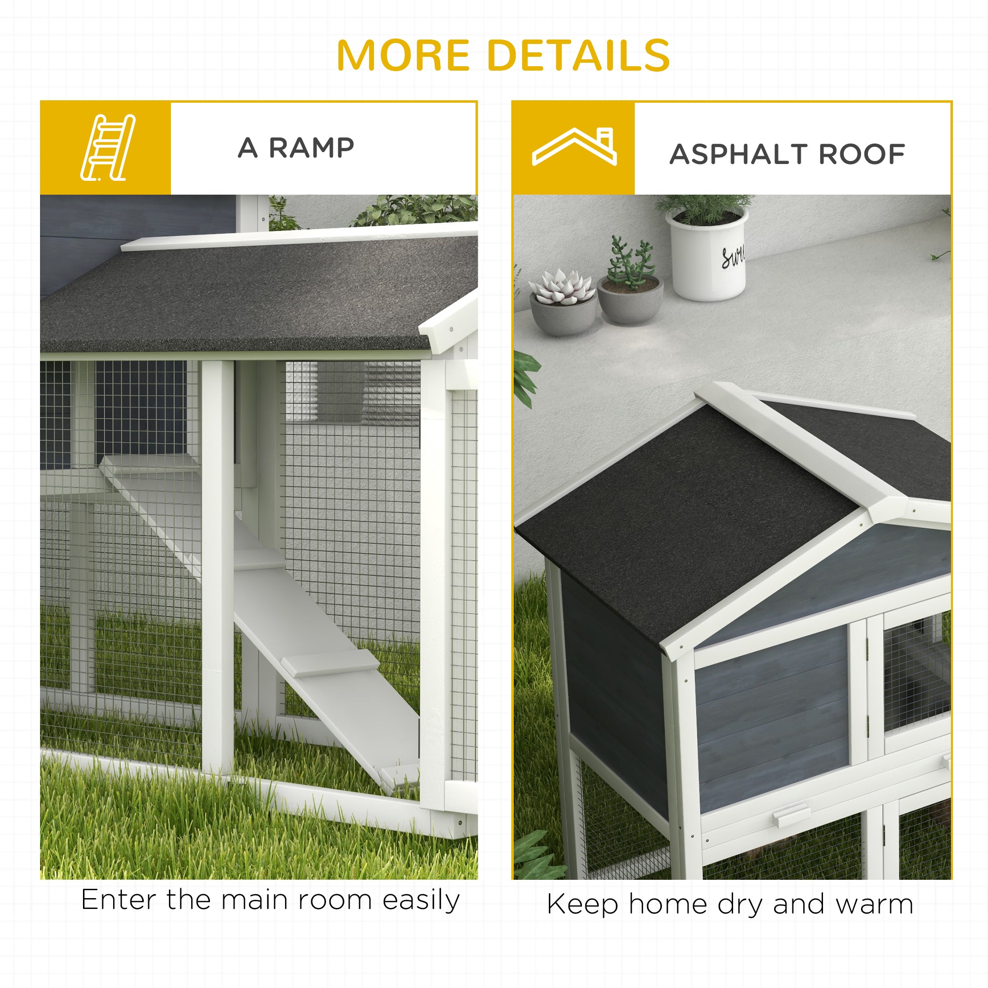 PawHut 58" Large Rabbit Hutch Outdoor Indoor, Wooden Bunny Hutch, Guinea Pig Cage with Run, Removable Tray, Asphalt Roof, Lockable Doors and Ramp, for 1-2 Small Rabbits, Gray