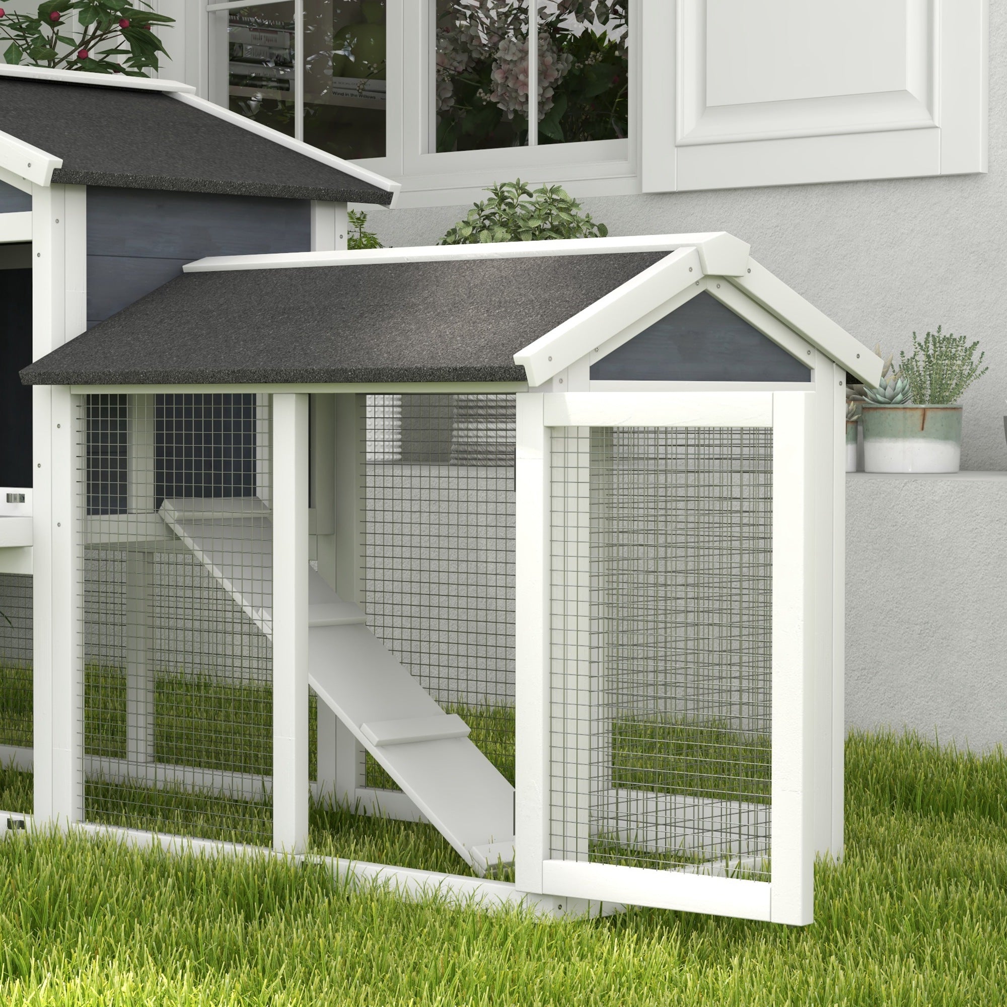 PawHut 58" Large Rabbit Hutch Outdoor Indoor, Wooden Bunny Hutch, Guinea Pig Cage with Run, Removable Tray, Asphalt Roof, Lockable Doors and Ramp, for 1-2 Small Rabbits, Gray
