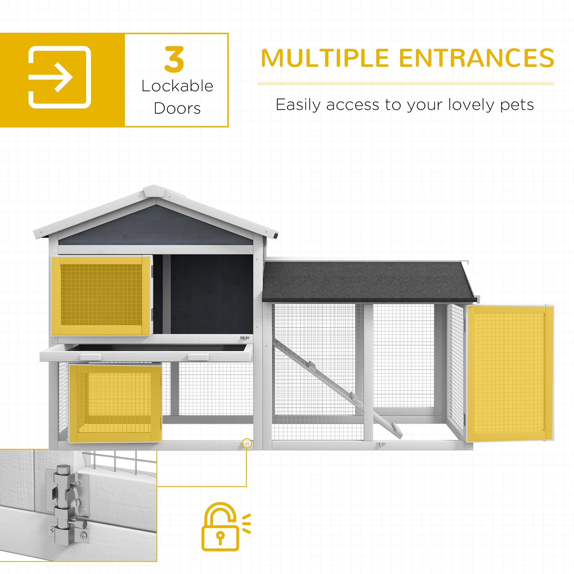 PawHut 58" Large Rabbit Hutch Outdoor Indoor, Wooden Bunny Hutch, Guinea Pig Cage with Run, Removable Tray, Asphalt Roof, Lockable Doors and Ramp, for 1-2 Small Rabbits, Gray