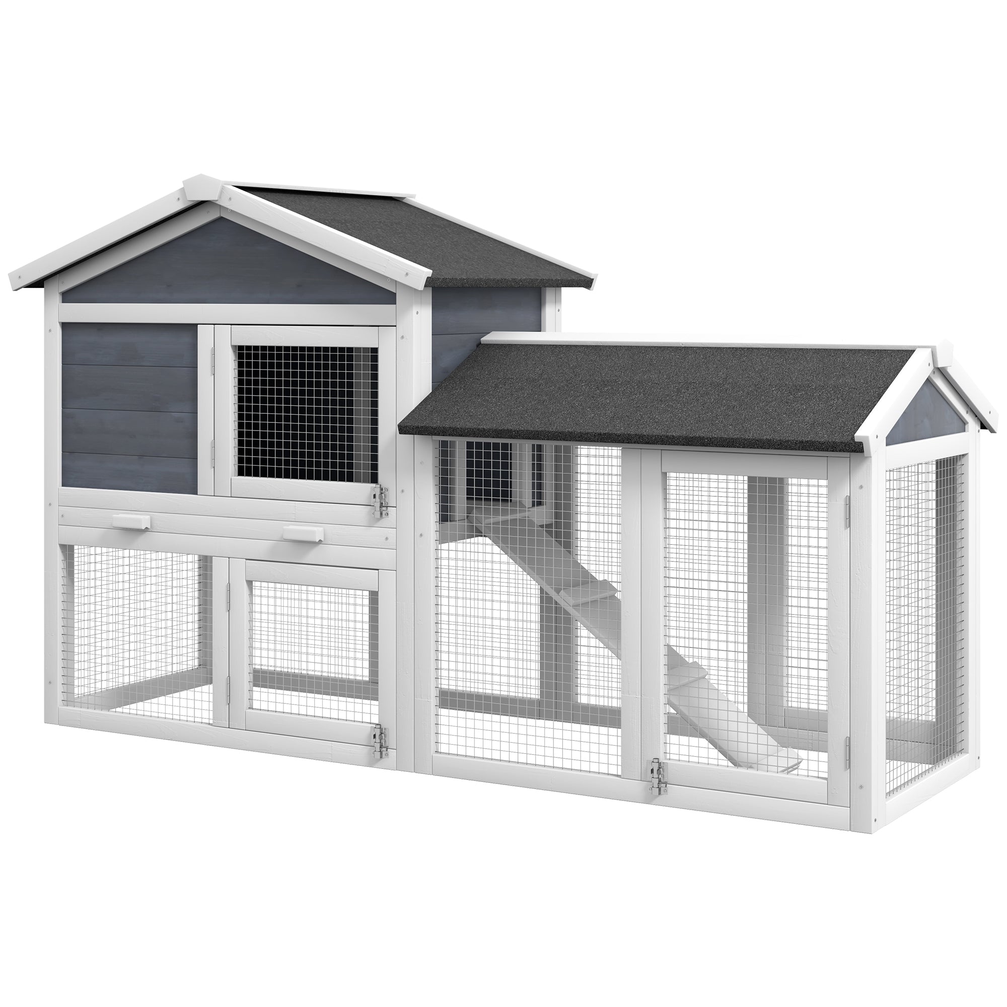 PawHut 58" Large Rabbit Hutch Outdoor Indoor, Wooden Bunny Hutch, Guinea Pig Cage with Run, Removable Tray, Asphalt Roof, Lockable Doors and Ramp, for 1-2 Small Rabbits, Gray