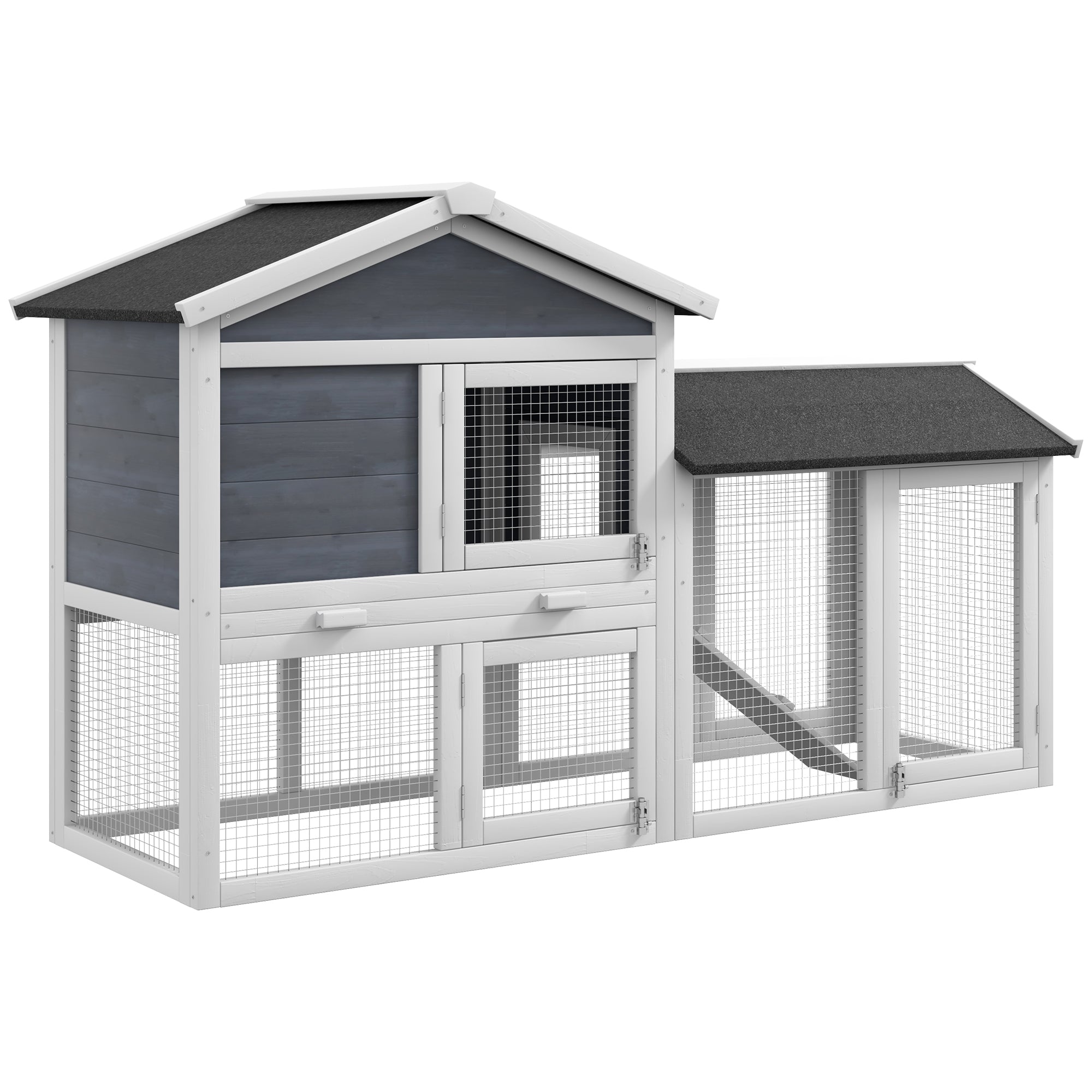 PawHut 58" Large Rabbit Hutch Outdoor Indoor, Wooden Bunny Hutch, Guinea Pig Cage with Run, Removable Tray, Asphalt Roof, Lockable Doors and Ramp, for 1-2 Small Rabbits, Gray