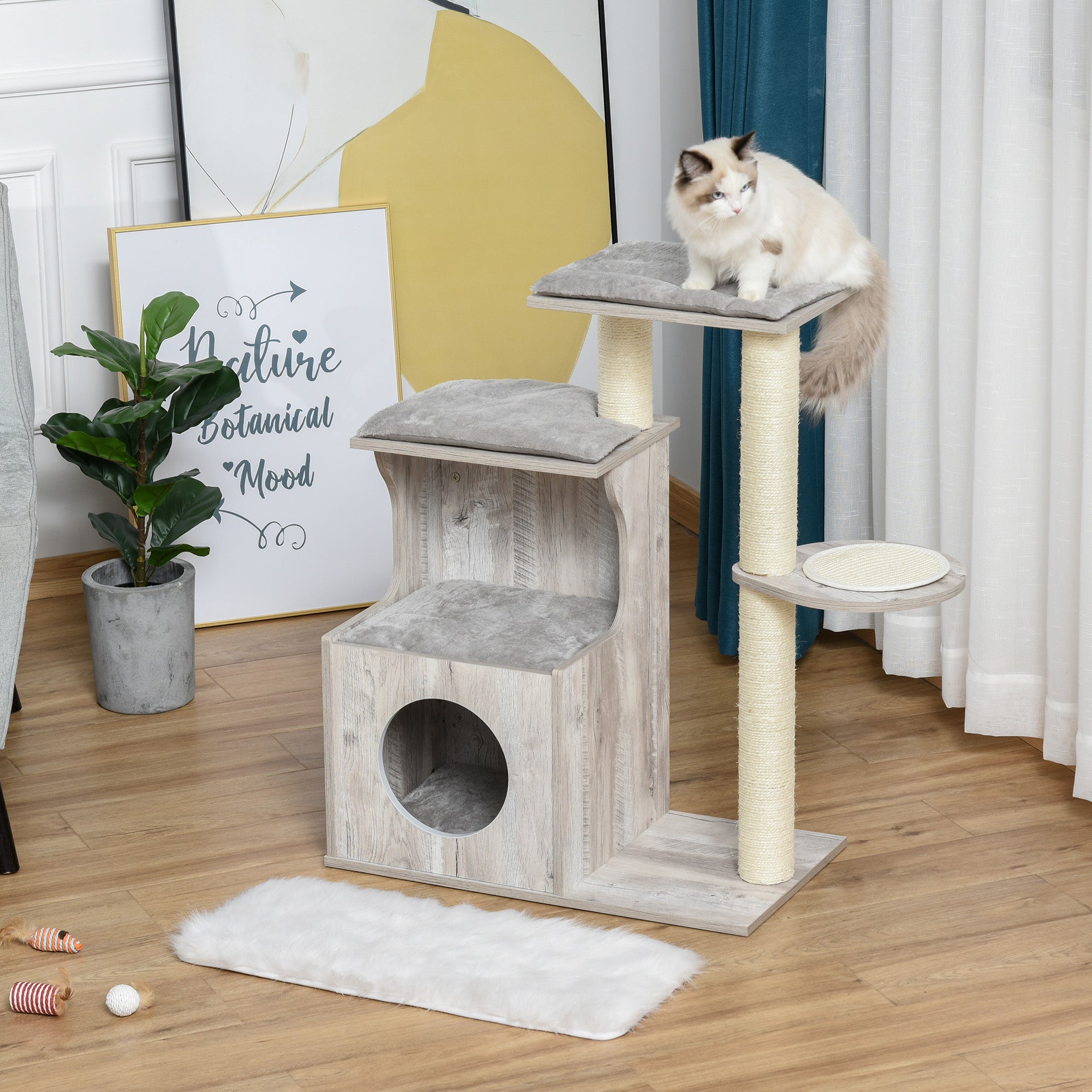 PawHut Cat Tree Climbing Activity Center with Scratching Post Condo Perch Cushions 34.75" H, Grey