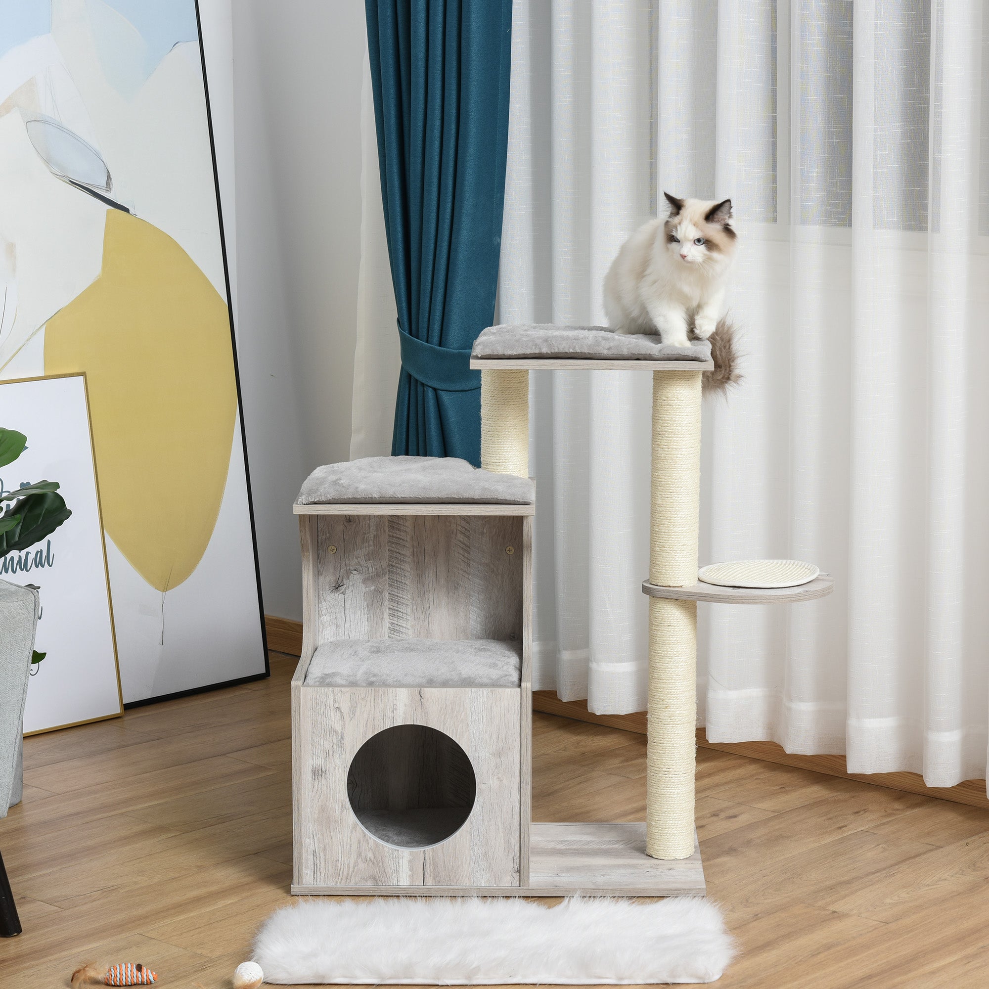 PawHut Cat Tree Climbing Activity Center with Scratching Post Condo Perch Cushions 34.75" H, Grey