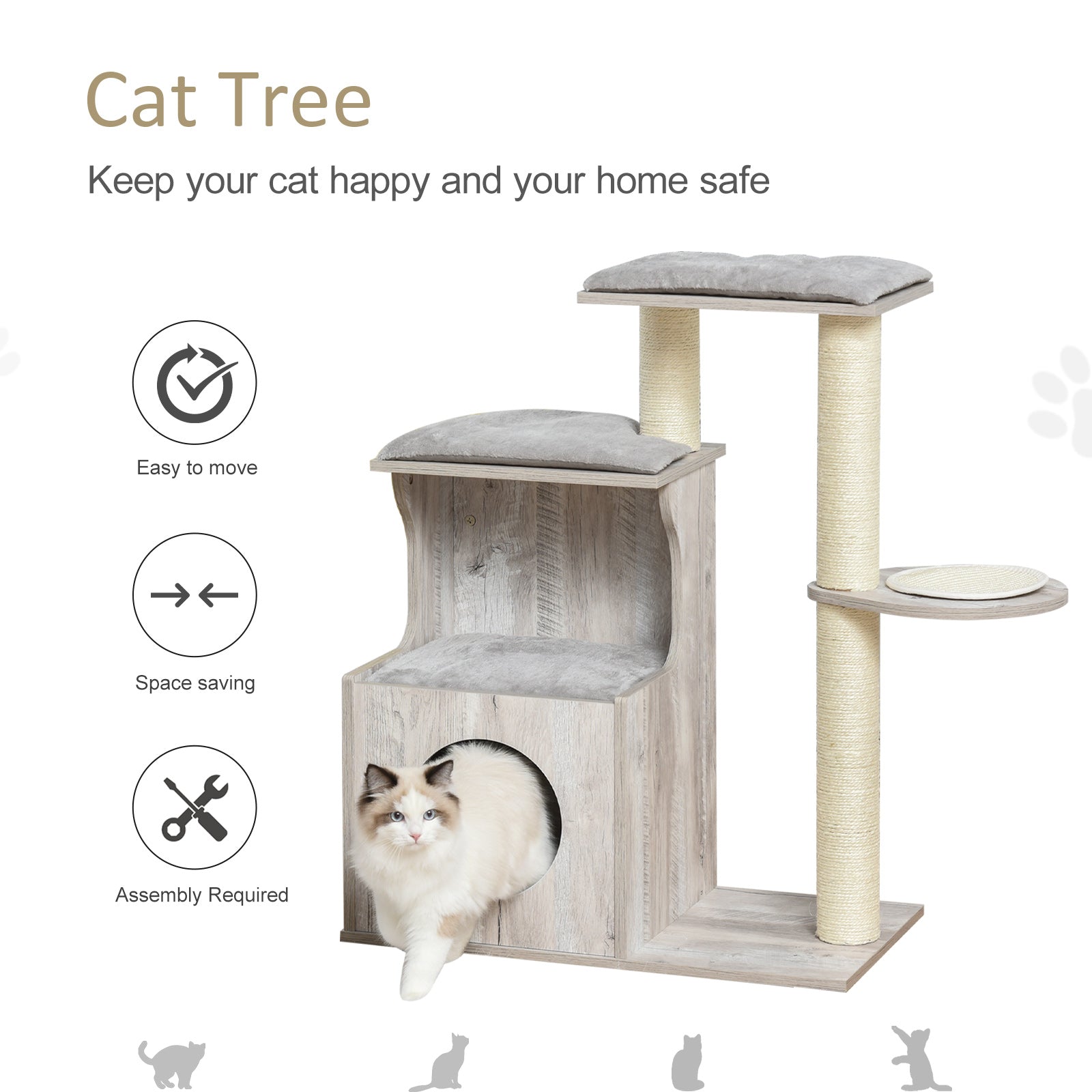 PawHut Cat Tree Climbing Activity Center with Scratching Post Condo Perch Cushions 34.75" H, Grey