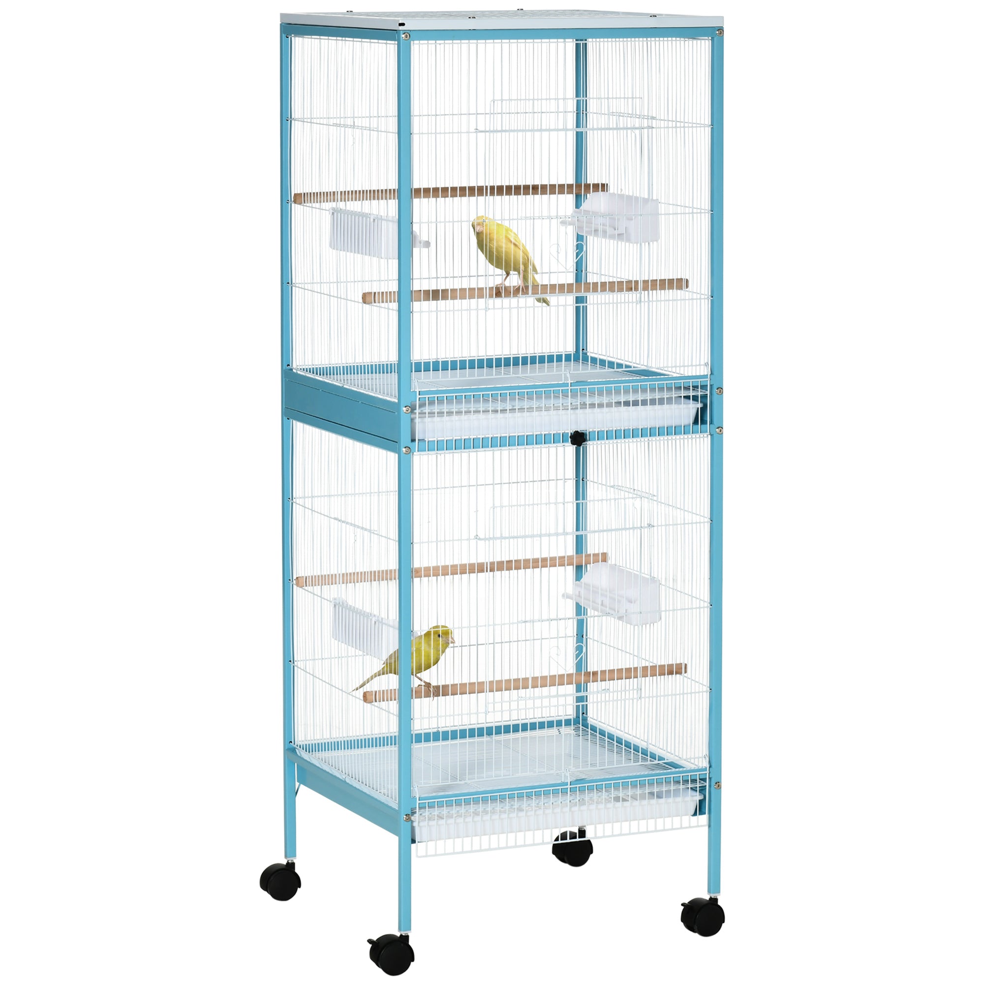 PawHut 55.1" 2 In 1 Bird Cage Aviary Parakeet House for finches, budgies with Wheels, Slide-out Trays, Wood Perch, Food Containers, Light Blue
