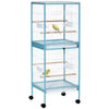PawHut 55.1" 2 In 1 Bird Cage Aviary Parakeet House for finches, budgies with Wheels, Slide-out Trays, Wood Perch, Food Containers, Light Blue