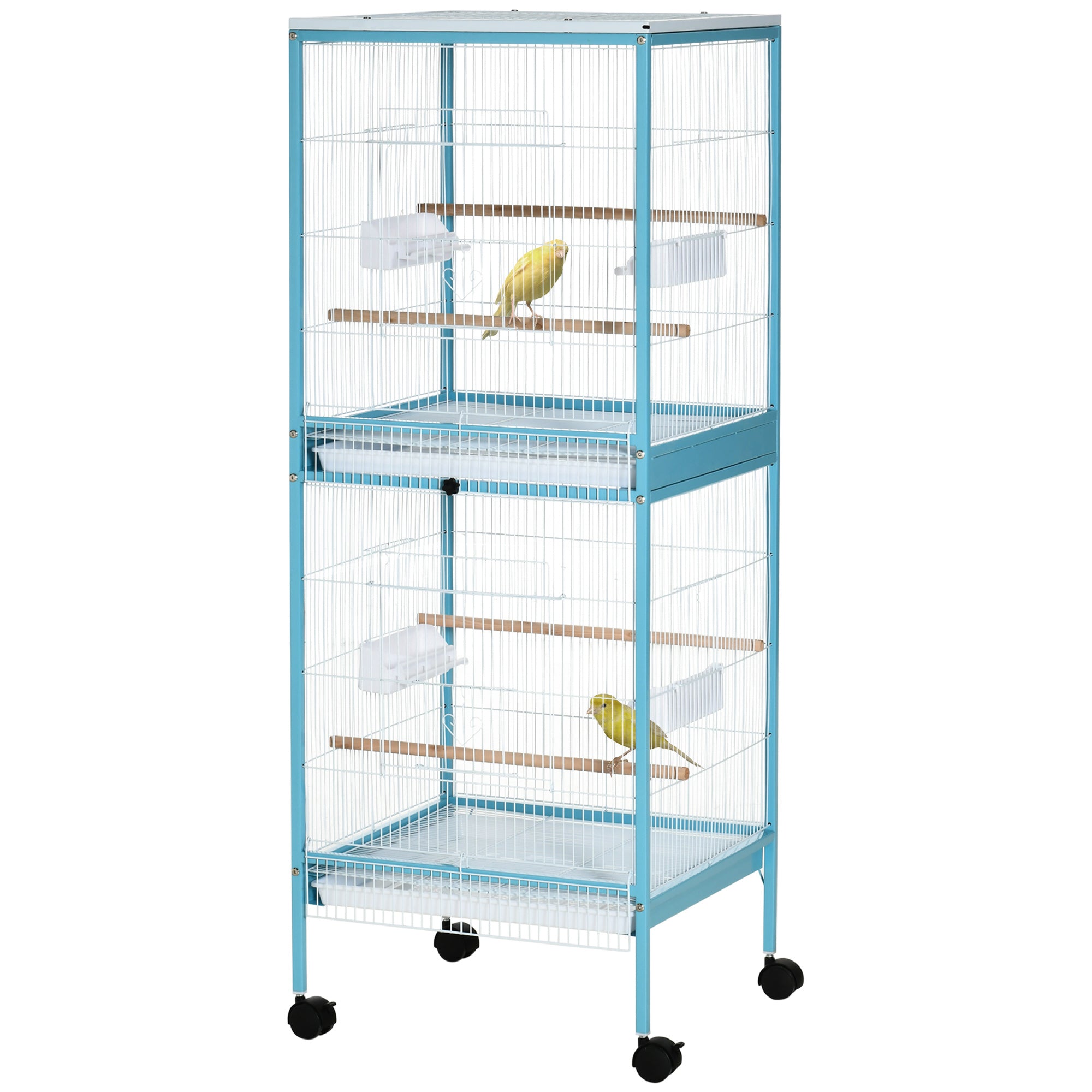 PawHut 55.1" 2 In 1 Bird Cage Aviary Parakeet House for finches, budgies with Wheels, Slide-out Trays, Wood Perch, Food Containers, Light Blue