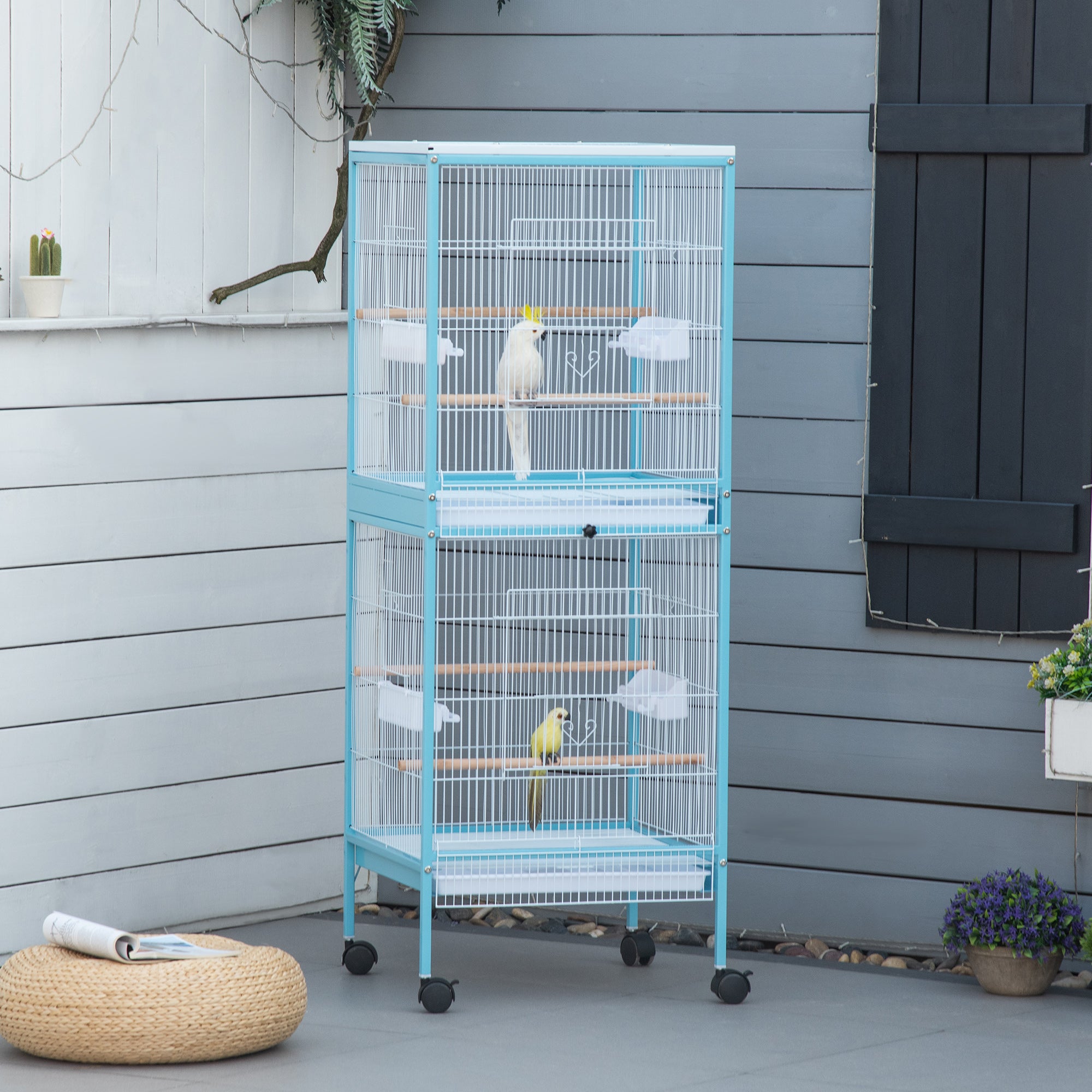 PawHut Bird Cage Budgie Cage 2 In 1 Large Aviary with Wheels Removable Trays for Finch Canaries Cockatiels Light Blue