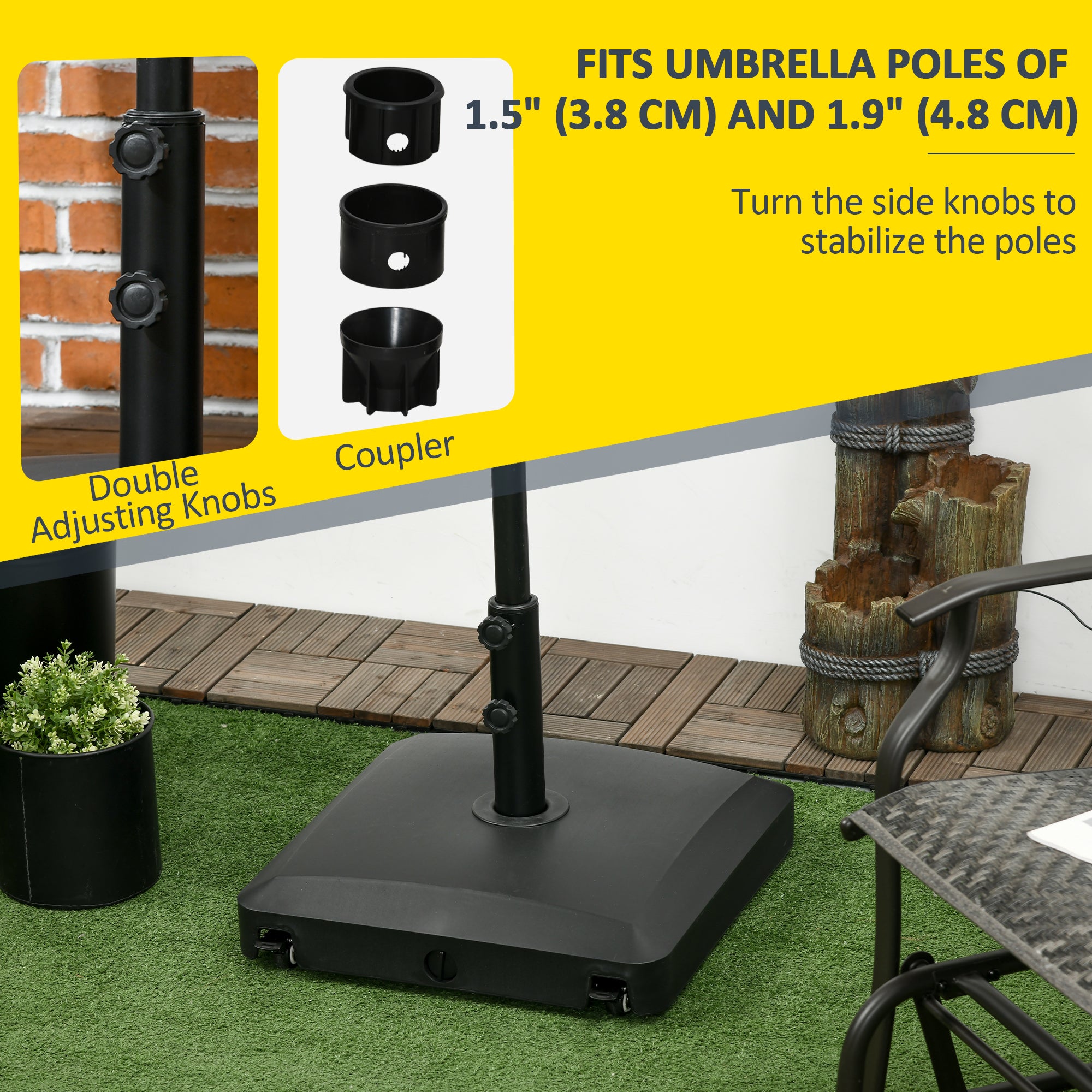 Outsunny Patio Umbrella Base with Wheels, 66 lb Heavy Duty Filled Umbrella Stand, Market Umbrella Base Holder for Outdoor, Garden, Backyard, Black