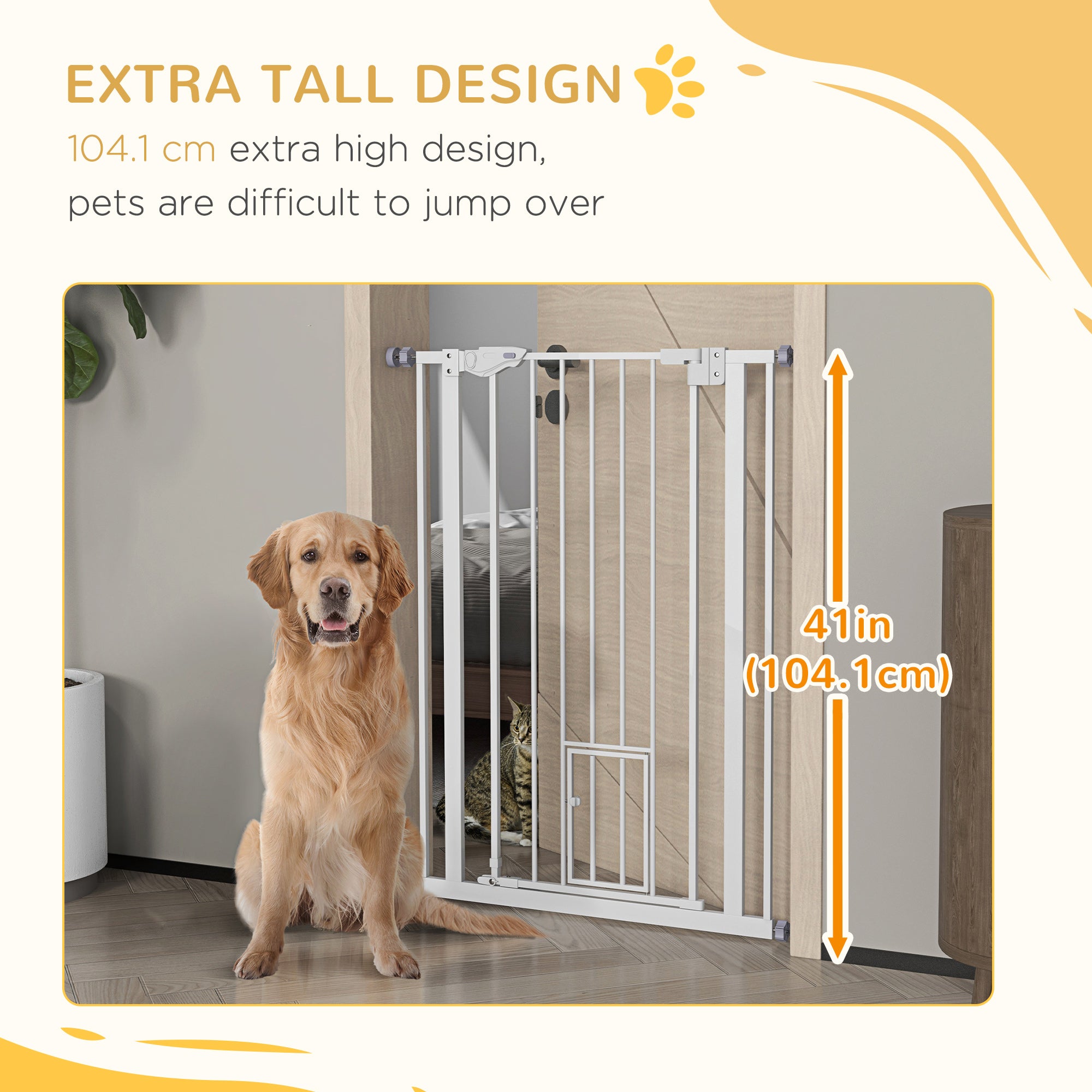 PawHut 41"H Dog Gate with Cat Door, Pet Gate with Small Door, Easy Open Indoor Dog Gates for Doorways, House, Stair, 29"-31.5" Long, White