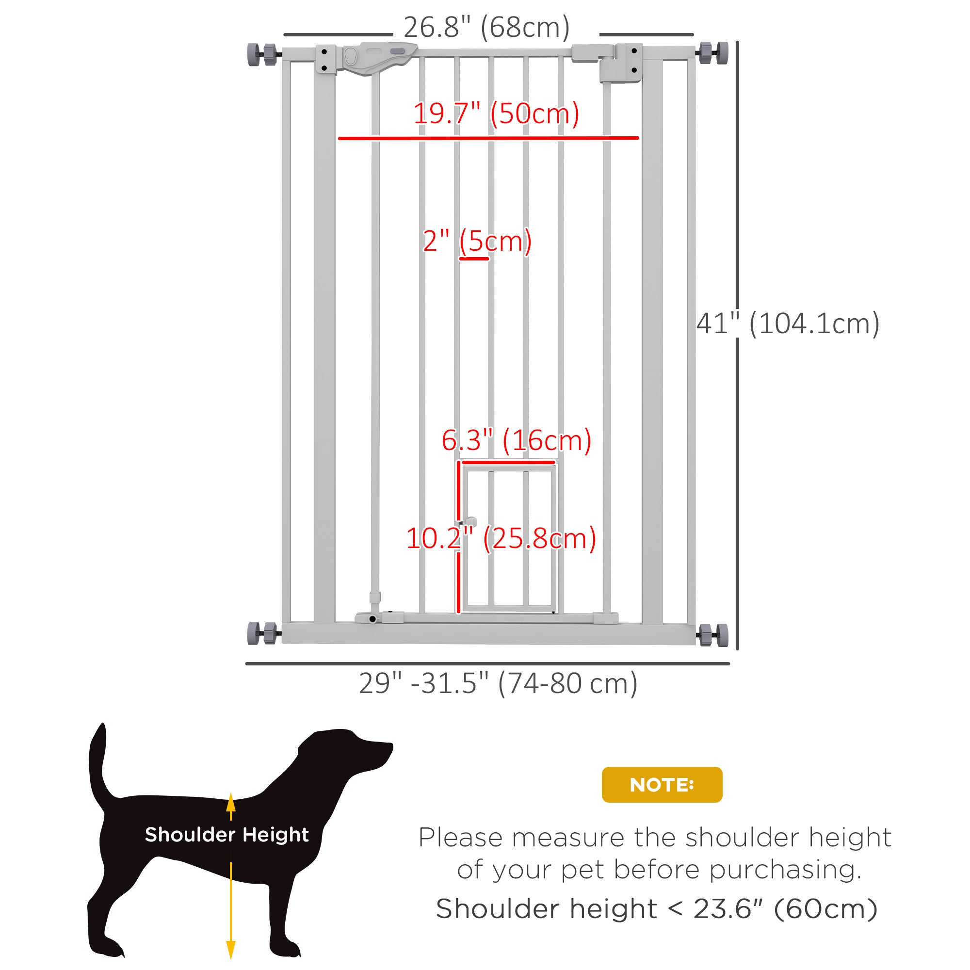 PawHut 41"H Dog Gate with Cat Door, Pet Gate with Small Door, Easy Open Indoor Dog Gates for Doorways, House, Stair, 29"-31.5" Long, White