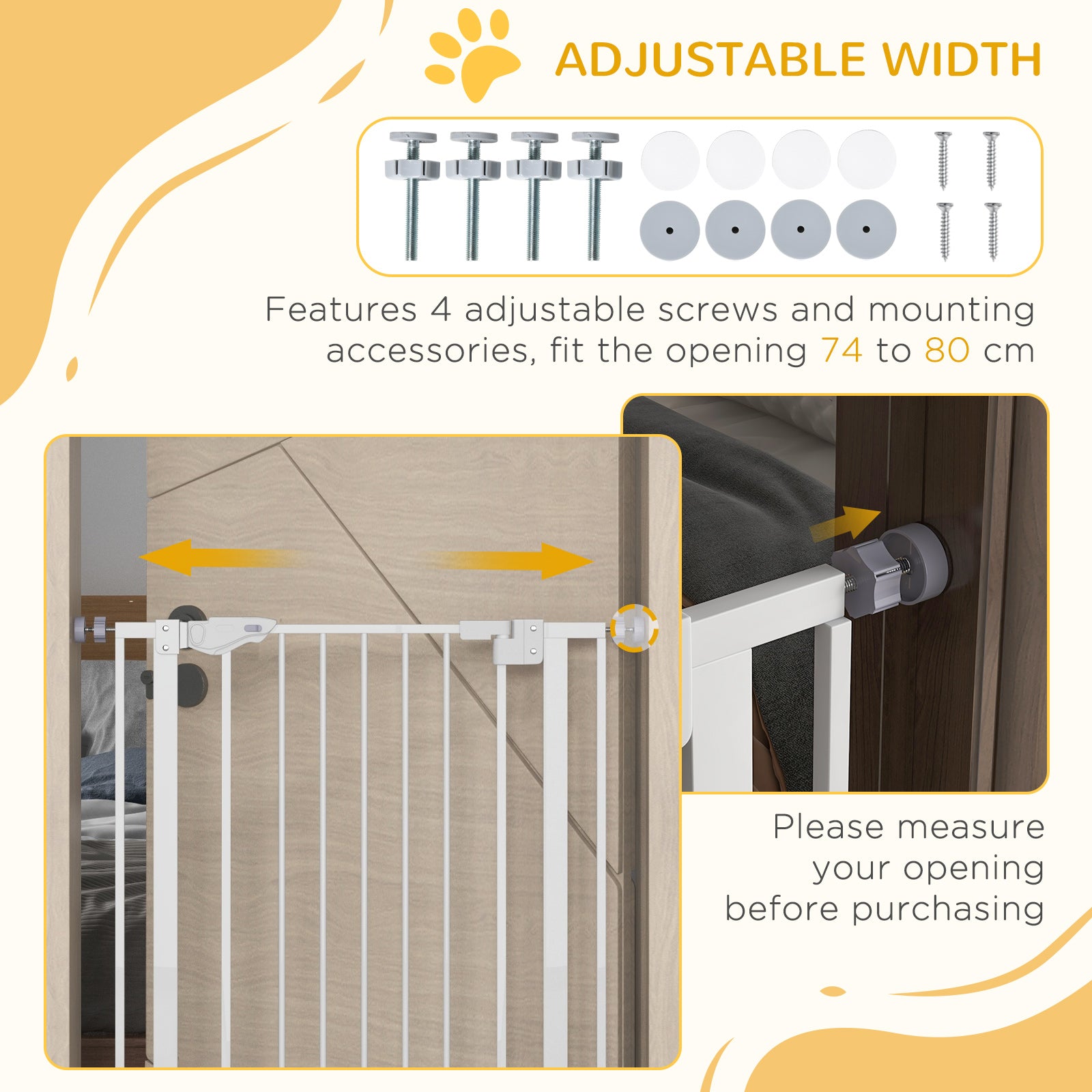 PawHut 41"H Dog Gate with Cat Door, Pet Gate with Small Door, Easy Open Indoor Dog Gates for Doorways, House, Stair, 29"-31.5" Long, White