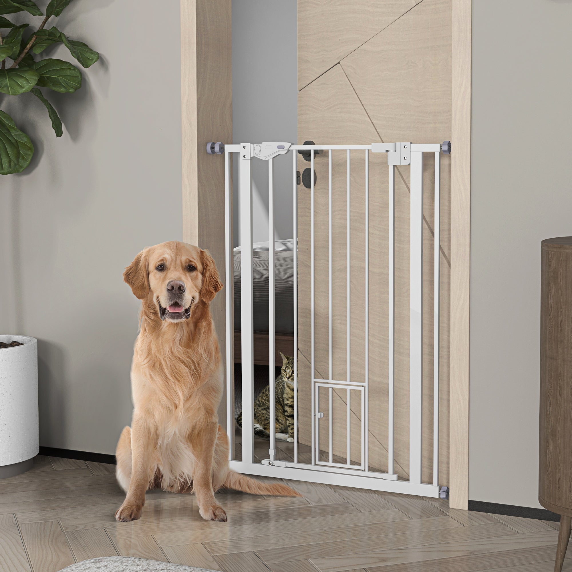 PawHut 41"H Dog Gate with Cat Door, Pet Gate with Small Door, Easy Open Indoor Dog Gates for Doorways, House, Stair, 29"-31.5" Long, White
