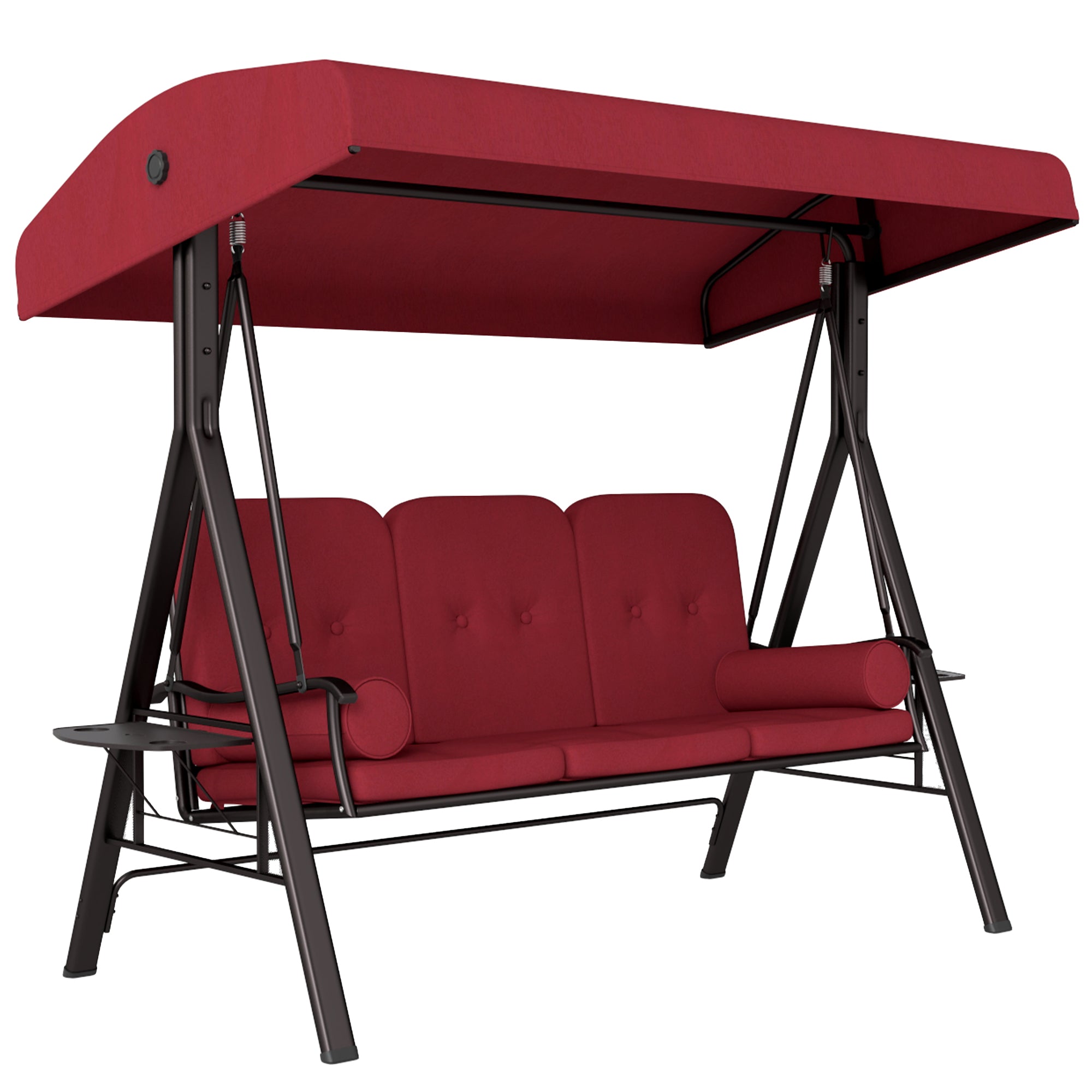 Outsunny 3 Seater Porch Swing Heavy Duty Outdoor Swing Chair Outdoor Lounge Hammock Cushioned Seat w/ Tilt Canopy, Wine Red