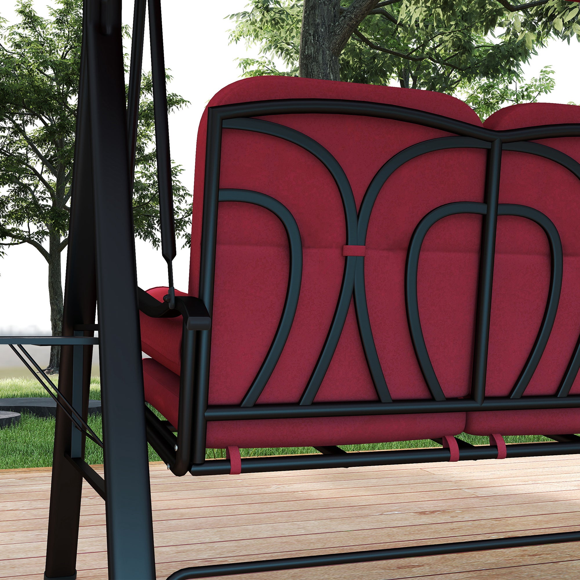 Outsunny 3 Seater Porch Swing Heavy Duty Outdoor Swing Chair Outdoor Lounge Hammock Cushioned Seat w/ Tilt Canopy, Wine Red