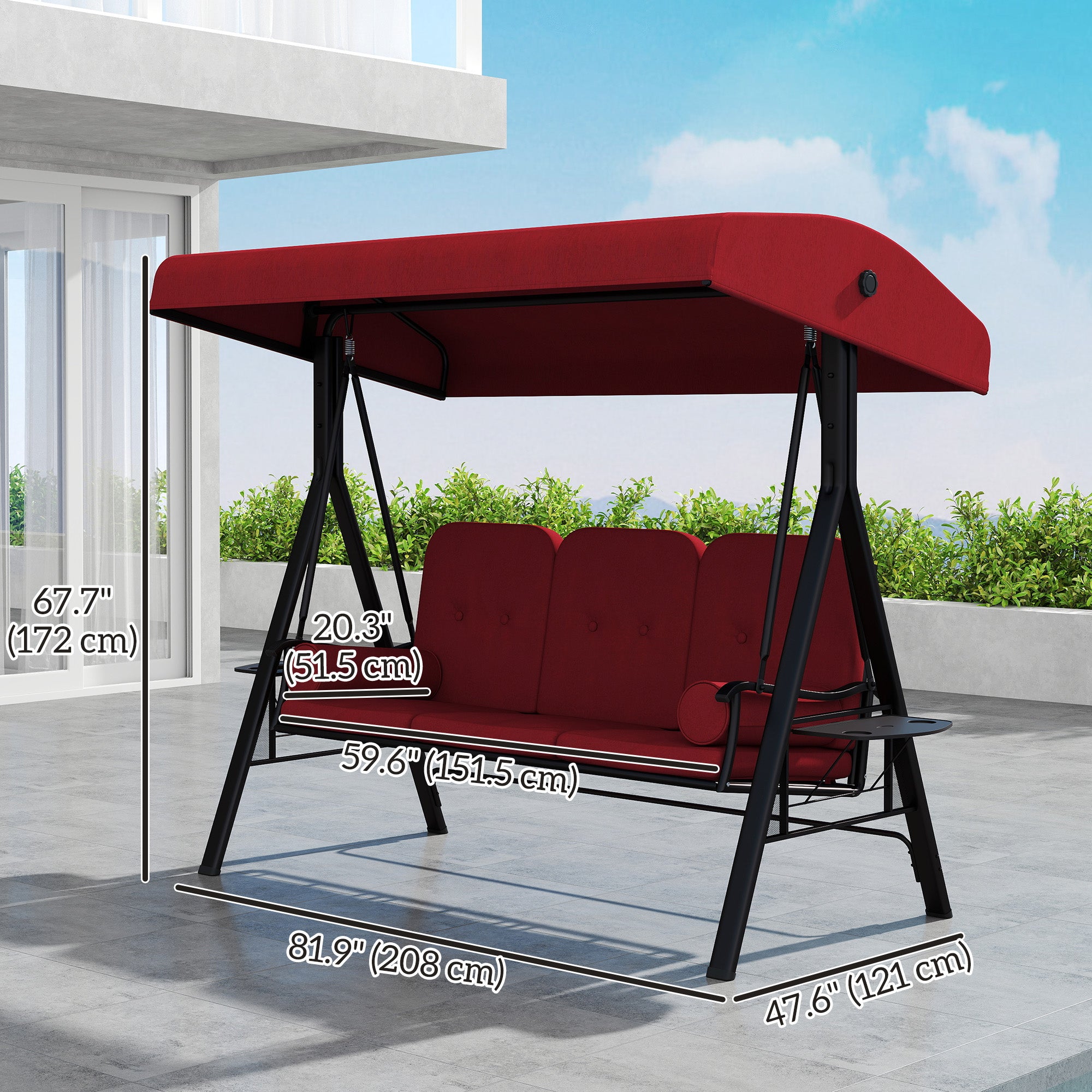 Outsunny 3 Seater Porch Swing Heavy Duty Outdoor Swing Chair Outdoor Lounge Hammock Cushioned Seat w/ Tilt Canopy, Wine Red