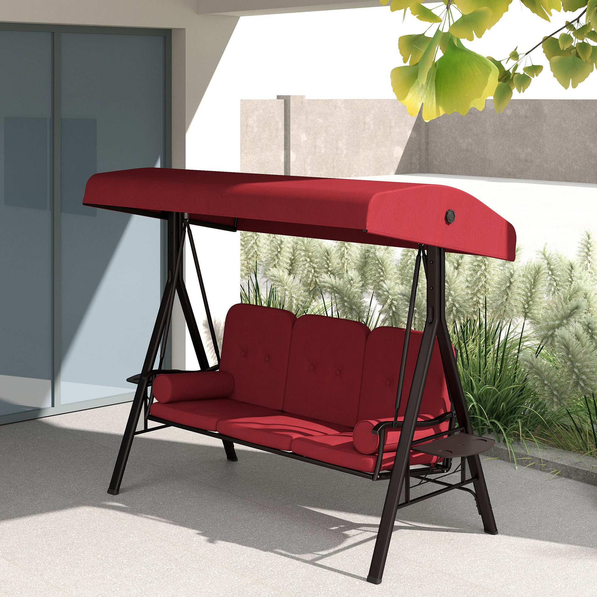 Outsunny 3 Seater Porch Swing Heavy Duty Outdoor Swing Chair Outdoor Lounge Hammock Cushioned Seat w/ Tilt Canopy, Wine Red