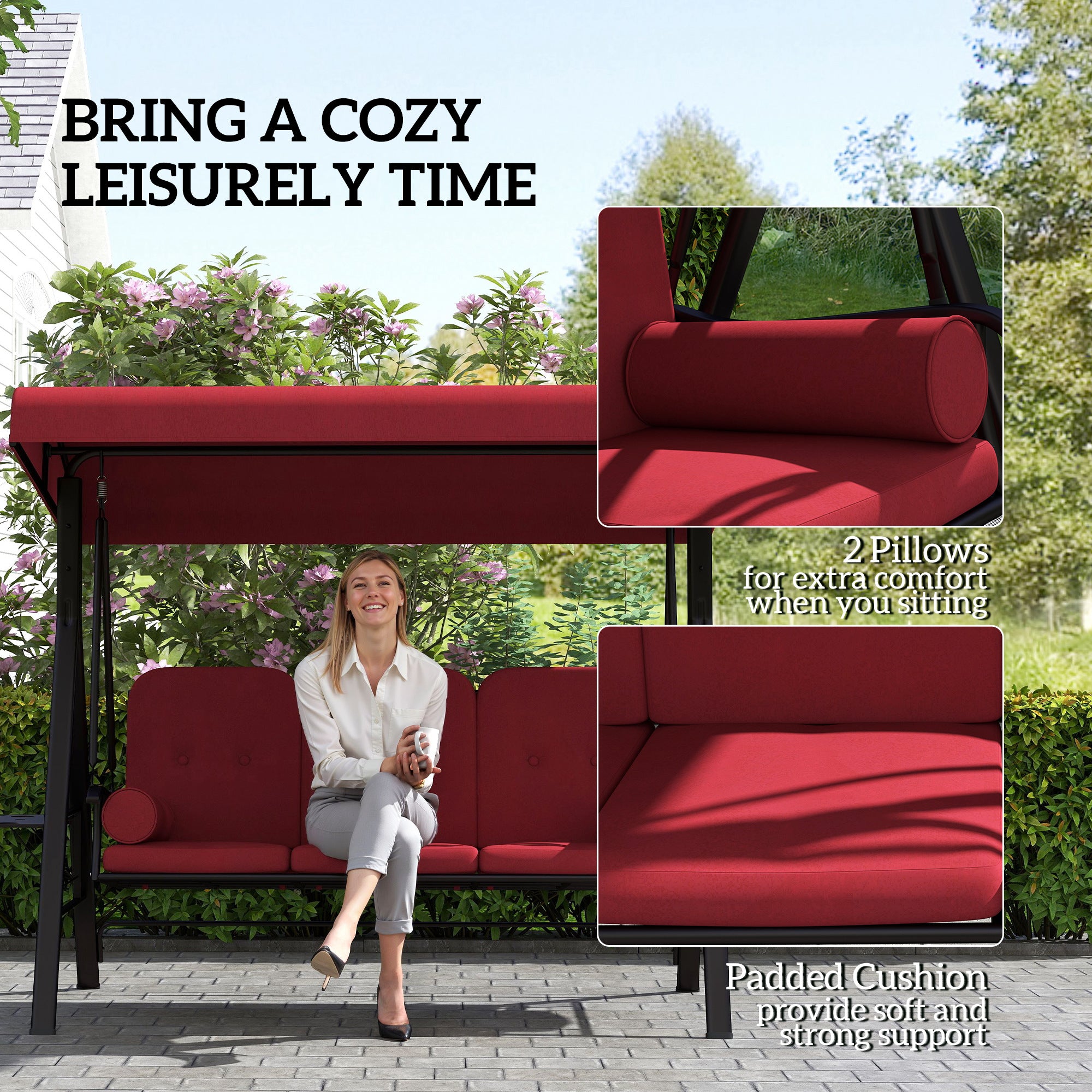 Outsunny 3 Seater Porch Swing Heavy Duty Outdoor Swing Chair Outdoor Lounge Hammock Cushioned Seat w/ Tilt Canopy, Wine Red