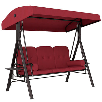 Outsunny 3 Seater Porch Swing Heavy Duty Outdoor Swing Chair Outdoor Lounge Hammock Cushioned Seat w/ Tilt Canopy, Wine Red