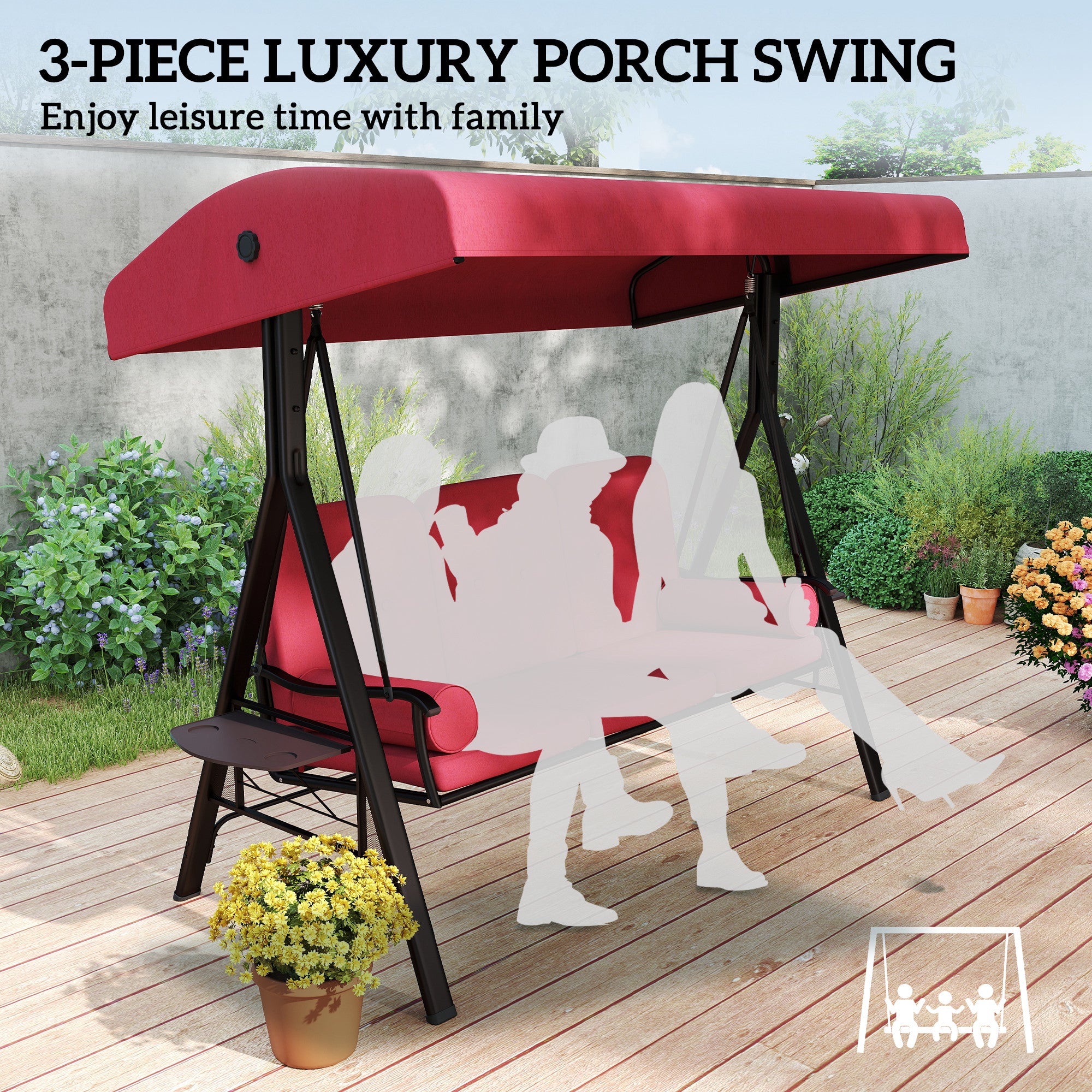 Outsunny 3 Seater Porch Swing Heavy Duty Outdoor Swing Chair Outdoor Lounge Hammock Cushioned Seat w/ Tilt Canopy, Wine Red