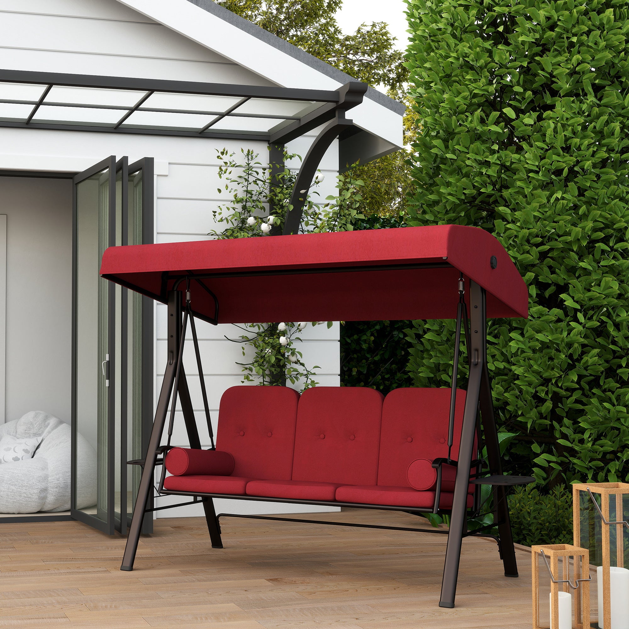 Outsunny 3 Seater Porch Swing Heavy Duty Outdoor Swing Chair Outdoor Lounge Hammock Cushioned Seat w/ Tilt Canopy, Wine Red