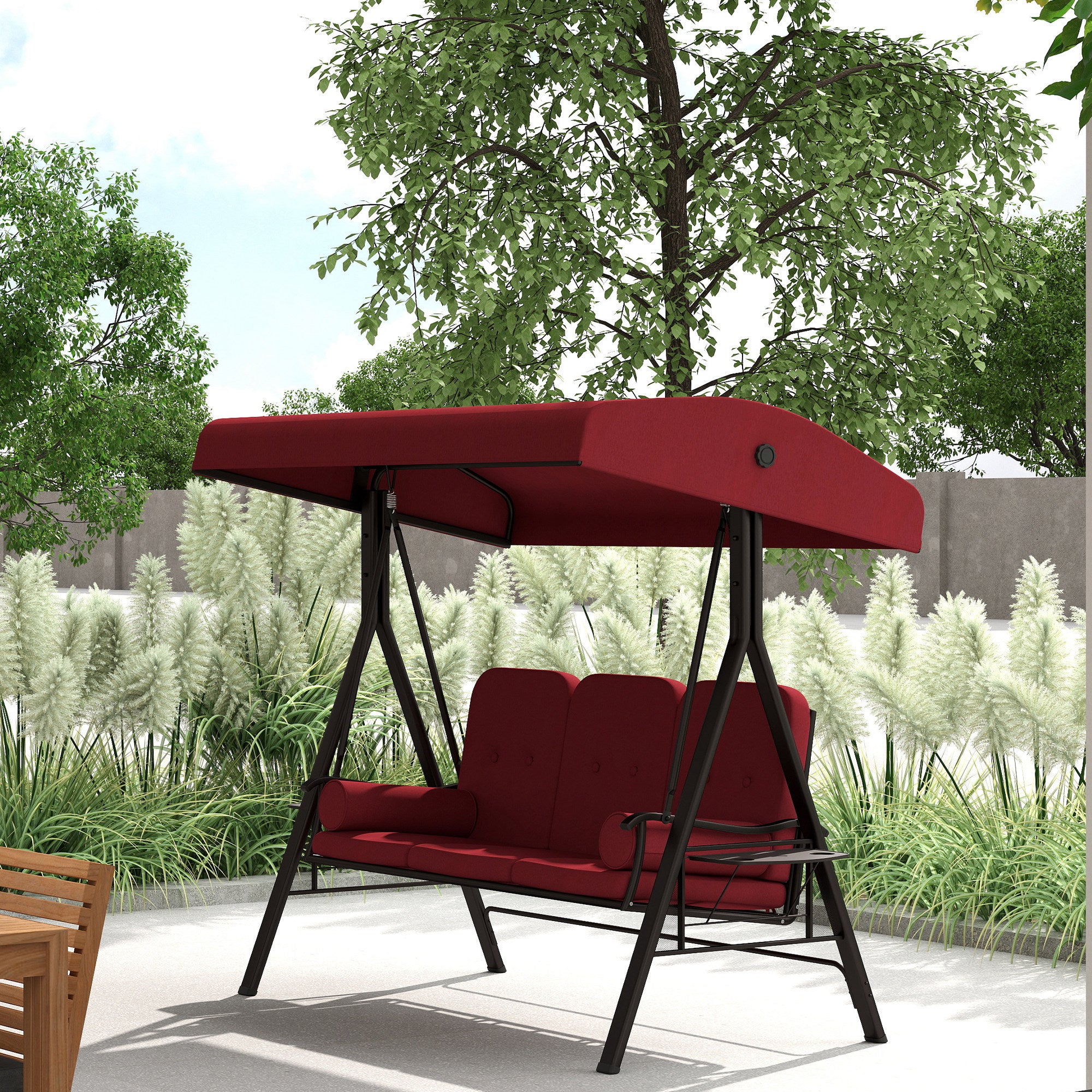 Outsunny 3 Seater Porch Swing Heavy Duty Outdoor Swing Chair Outdoor Lounge Hammock Cushioned Seat w/ Tilt Canopy, Wine Red