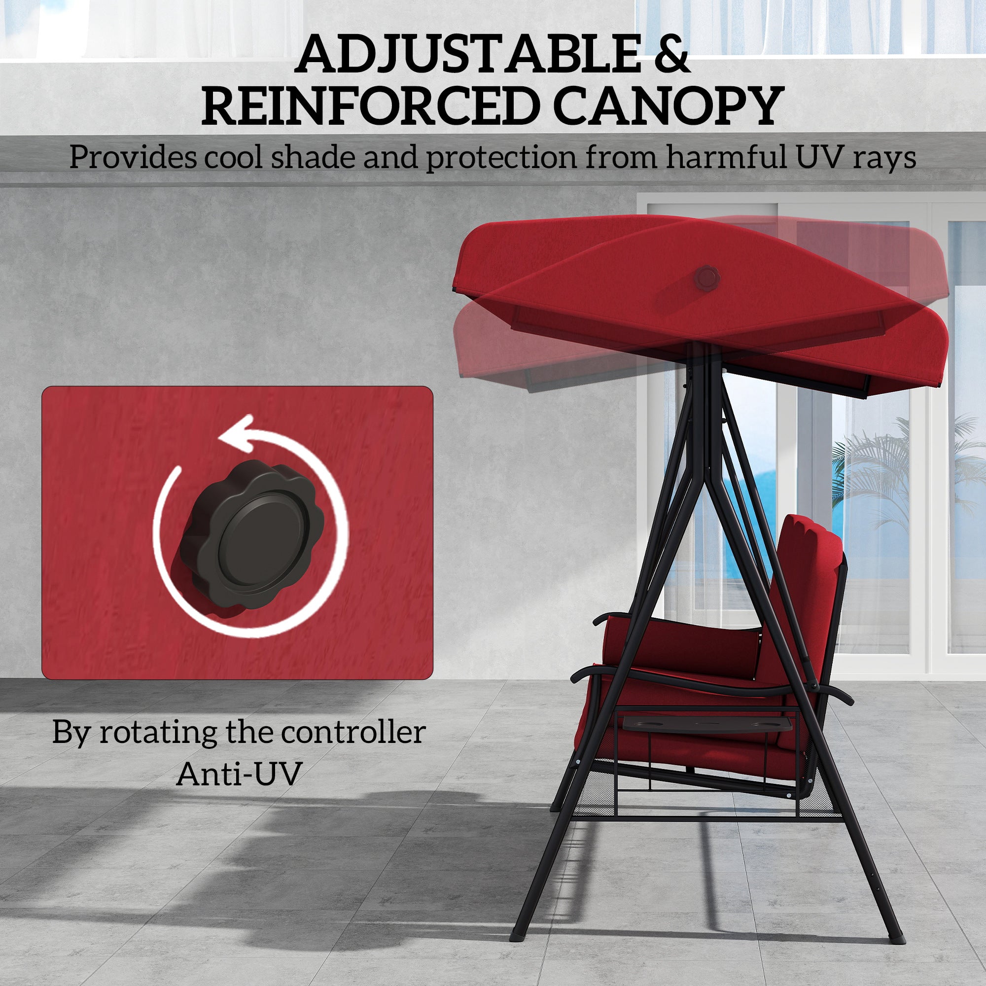 Outsunny 3 Seater Porch Swing Heavy Duty Outdoor Swing Chair Outdoor Lounge Hammock Cushioned Seat w/ Tilt Canopy, Wine Red