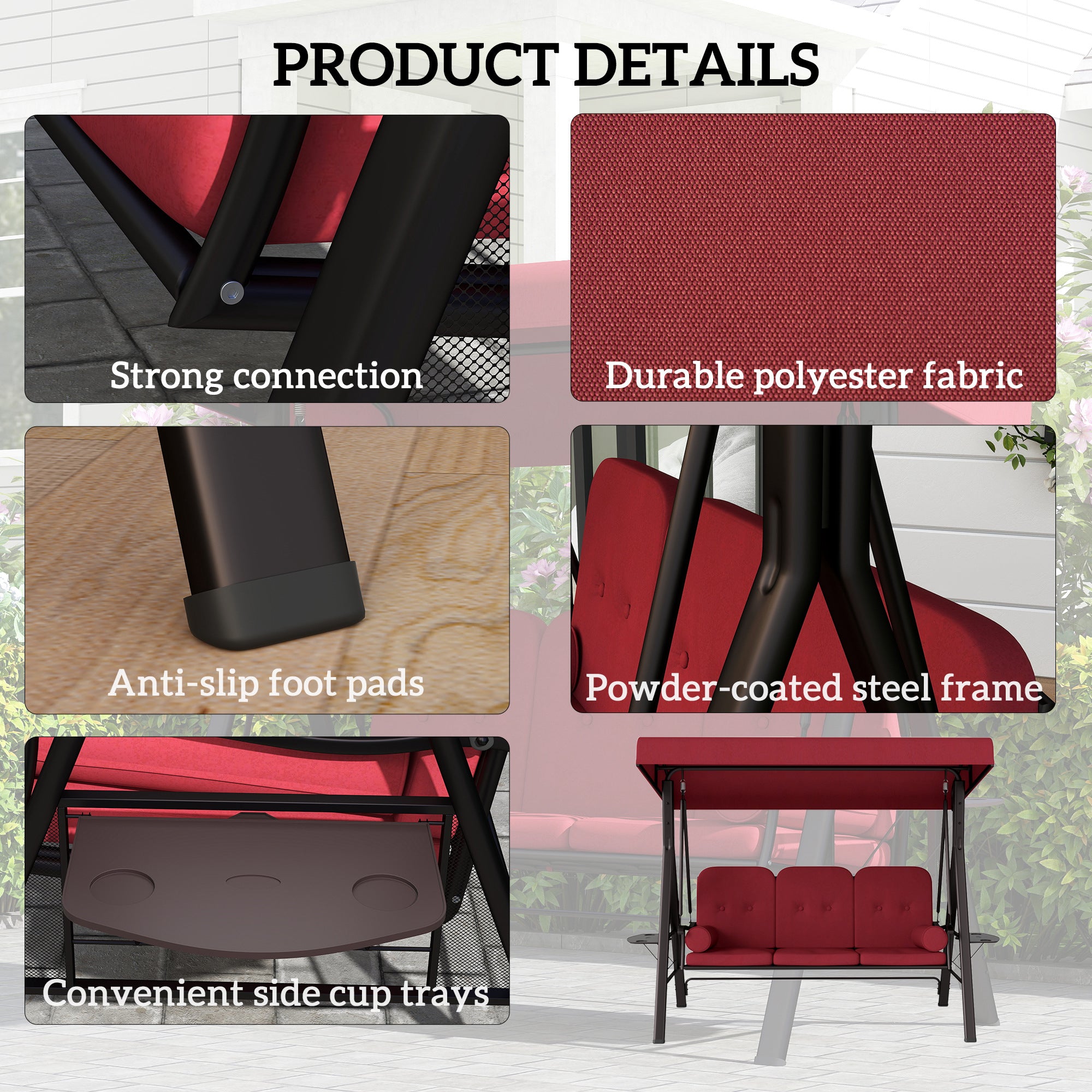 Outsunny 3 Seater Porch Swing Heavy Duty Outdoor Swing Chair Outdoor Lounge Hammock Cushioned Seat w/ Tilt Canopy, Wine Red