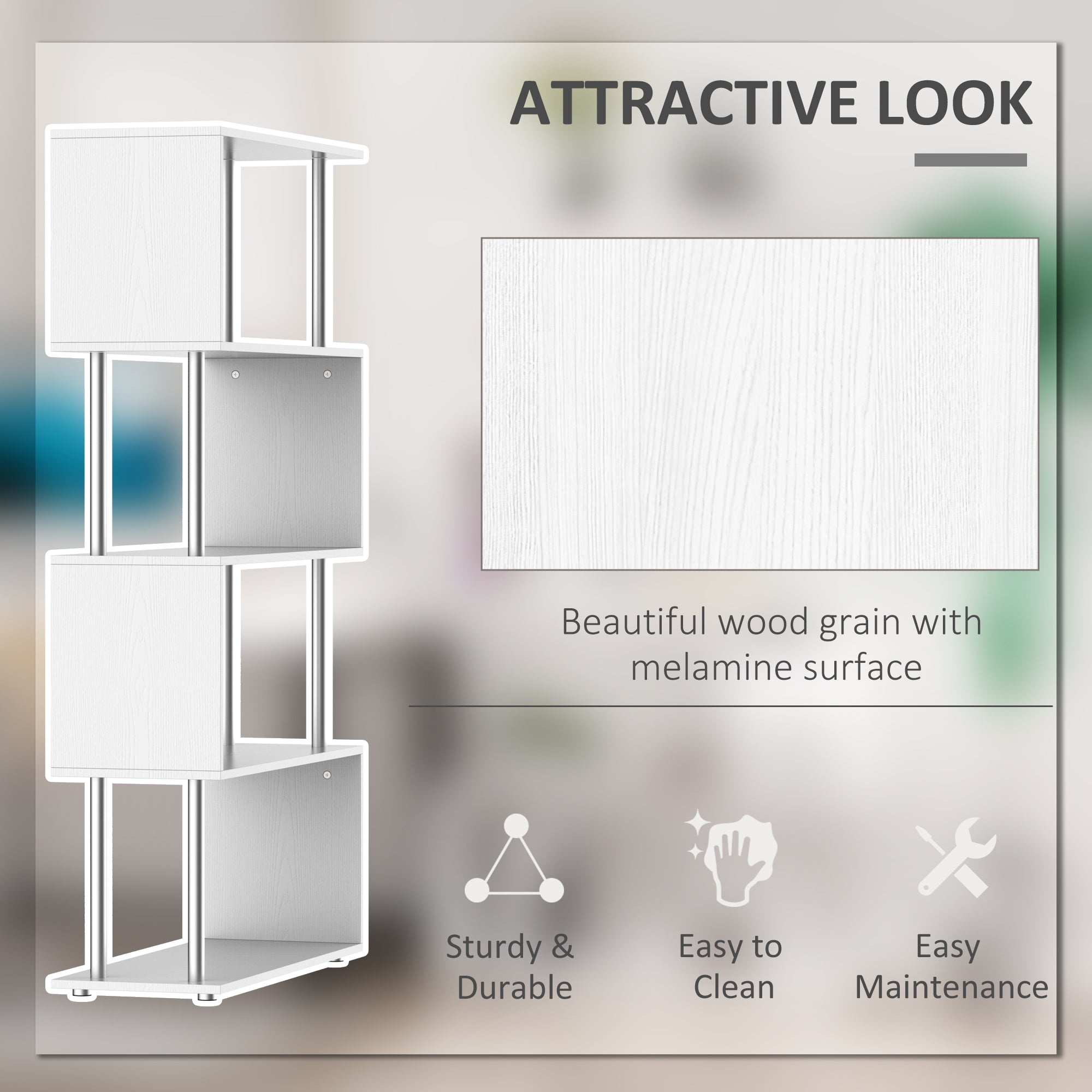 HOMCOM 5-Tiers Geometric Wooden Bookcase S-Shaped Storage Bookshelf Display with Metal Frame for Living Room, Bedroom, Home Office, White