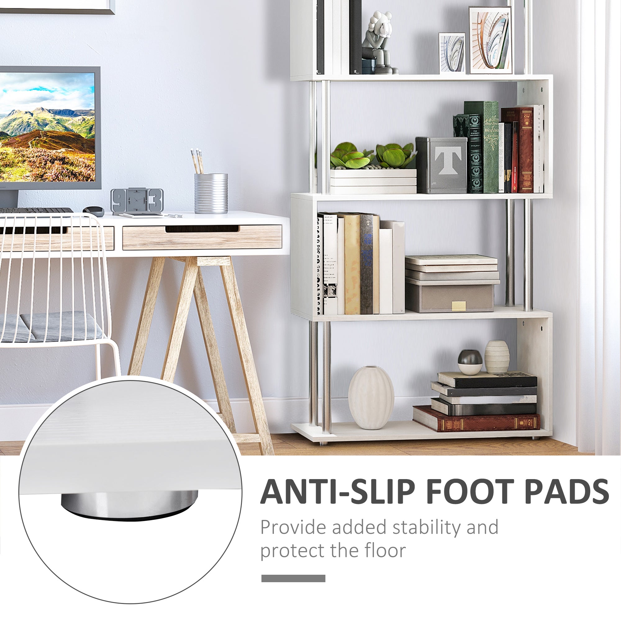 HOMCOM 5-Tiers Geometric Wooden Bookcase S-Shaped Storage Bookshelf Display with Metal Frame for Living Room, Bedroom, Home Office, White