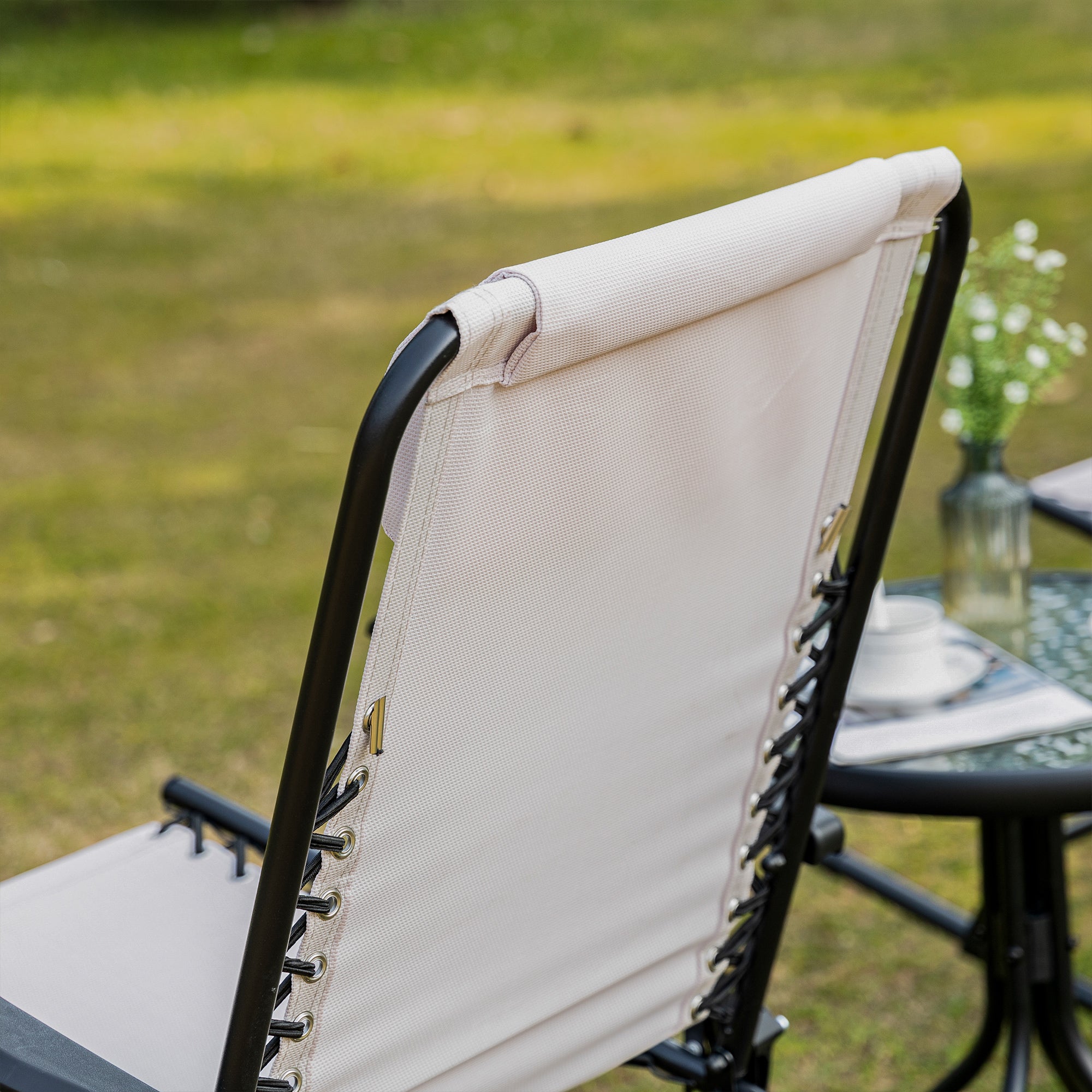 Outsunny 2pc Patio Foldable Rocking Chair Set w/ Breathable Mesh Seat & Backrest, Padded Headrest for Park, Backyard, Garden, Cream White