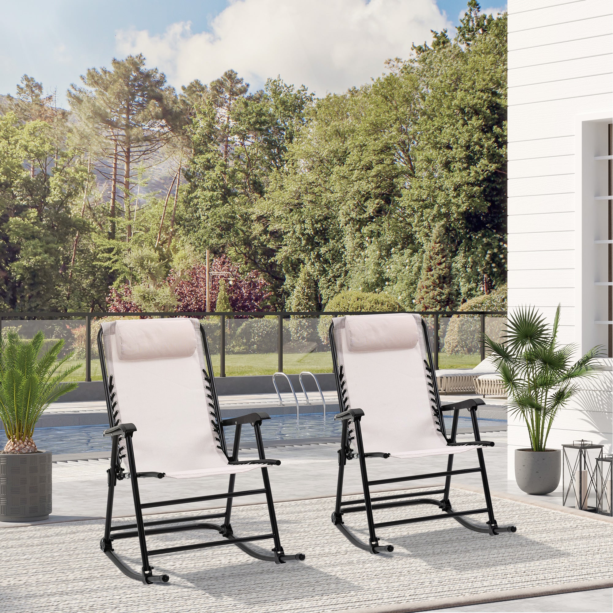 Outsunny 2pc Patio Foldable Rocking Chair Set w/ Breathable Mesh Seat & Backrest, Padded Headrest for Park, Backyard, Garden, Cream White