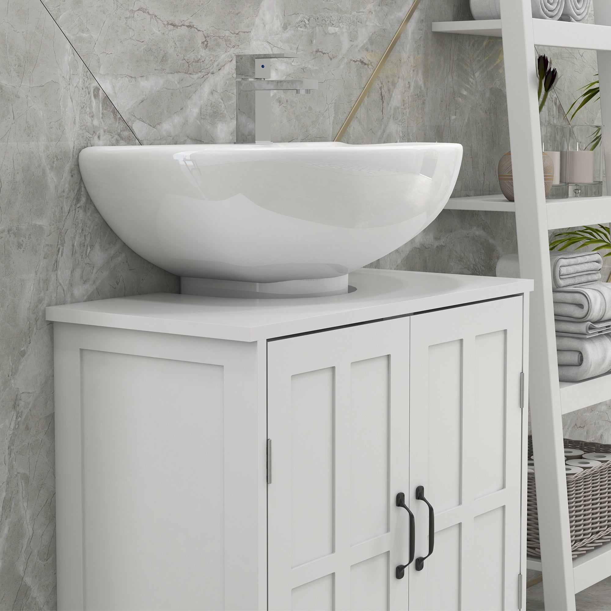 kleankin Pedestal Under Sink Cabinet, Bathroom Vanity Cabinet Storage with Double Doors and Adjustable Shelf, White
