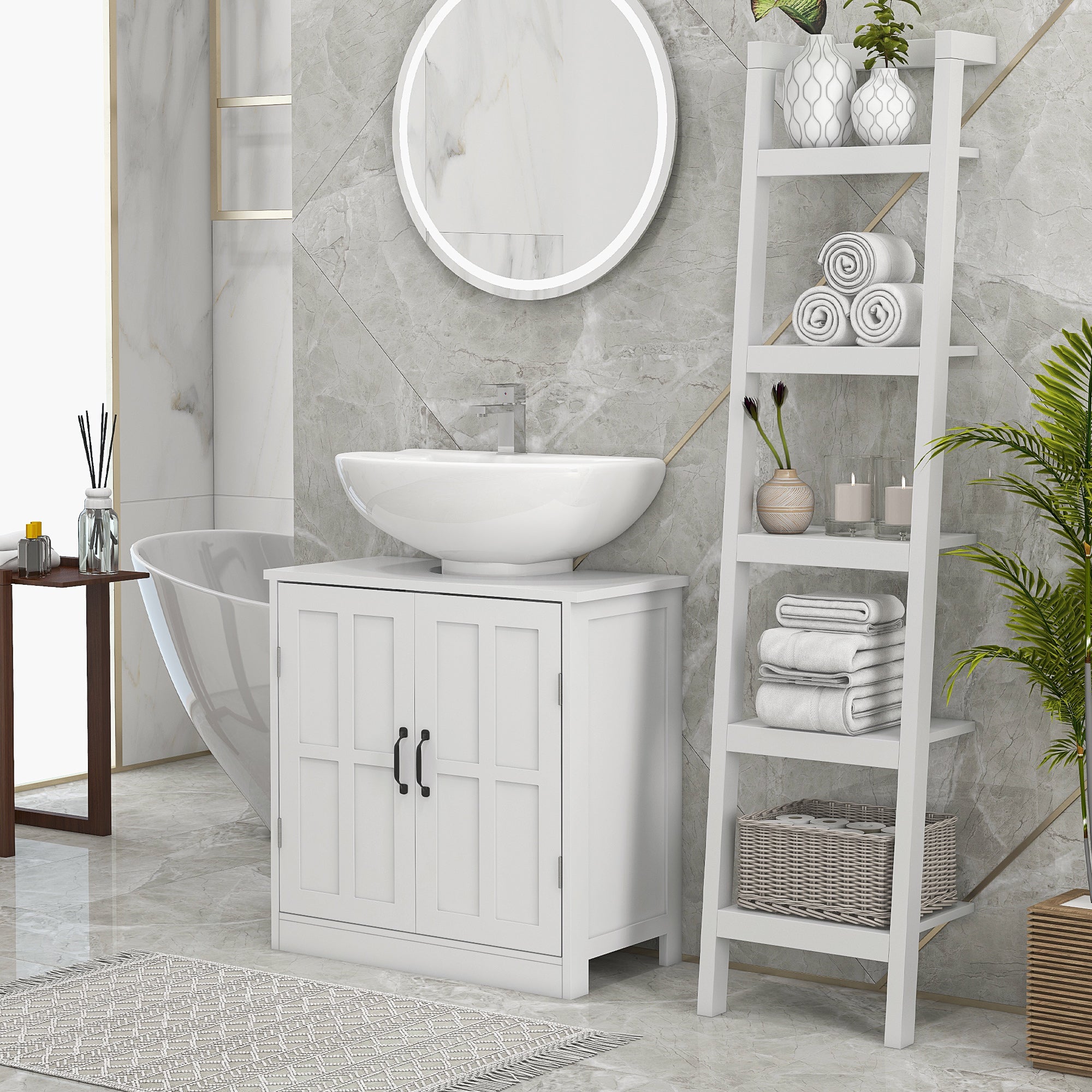 kleankin Pedestal Under Sink Cabinet, Bathroom Vanity Cabinet Storage with Double Doors and Adjustable Shelf, White