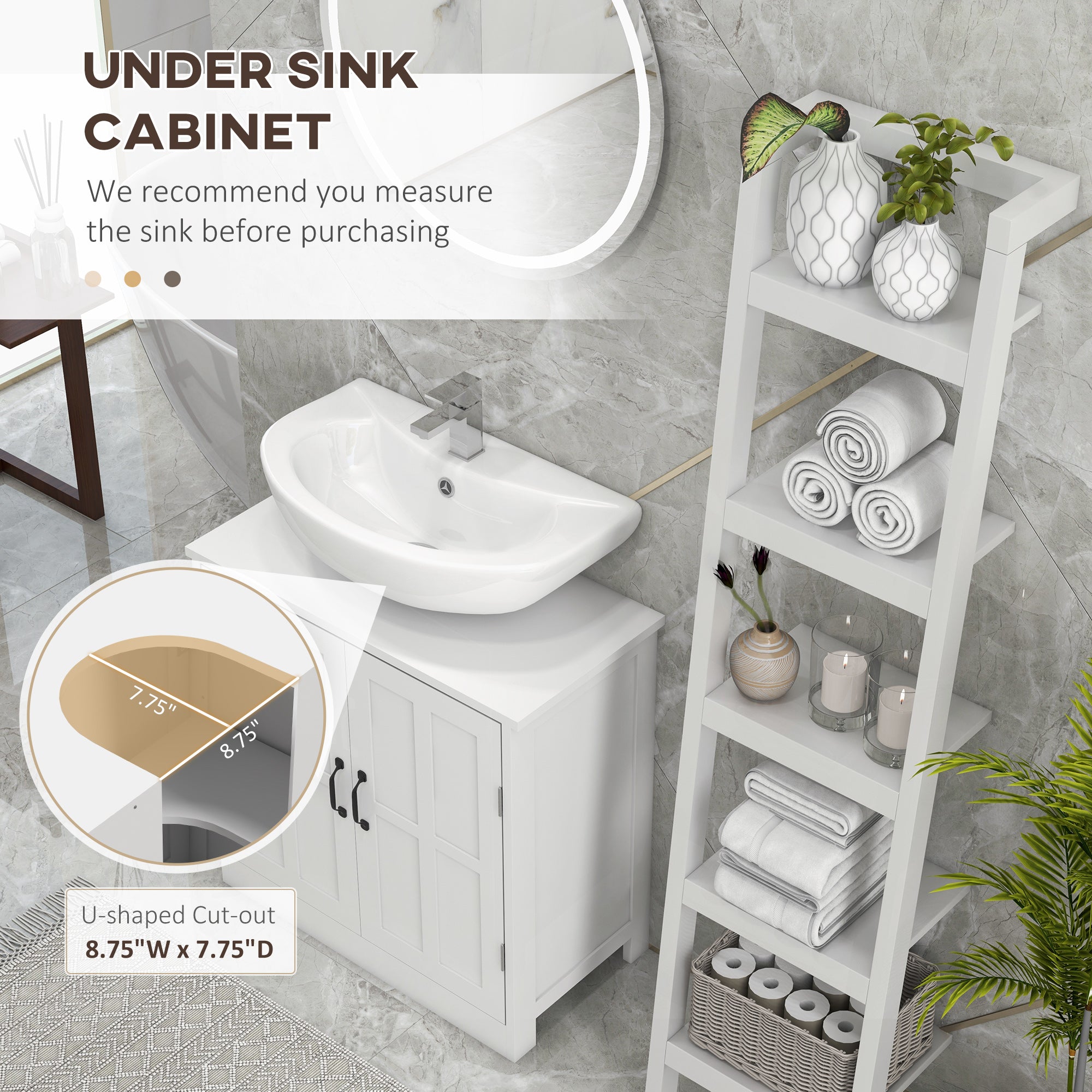 kleankin Pedestal Under Sink Cabinet, Bathroom Vanity Cabinet Storage with Double Doors and Adjustable Shelf, White