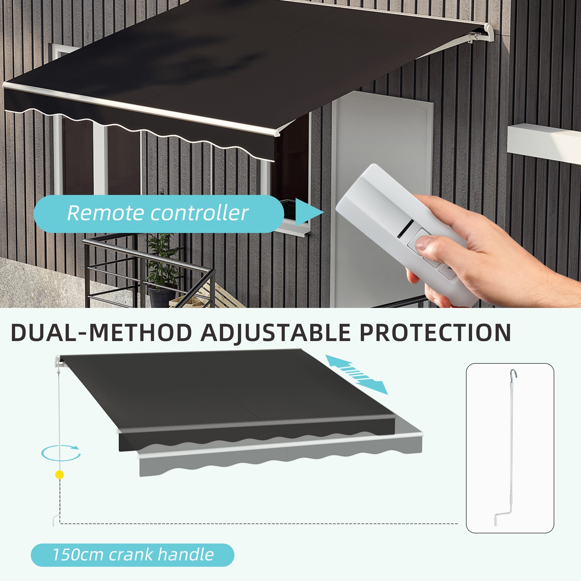 Outsunny 10' x 8' Electric Awning, Retractable Awning Sun Shade Shelter with Remote Controller, Manual Crank Handle and Aluminum Frame, for Deck, Balcony, Yard, Black