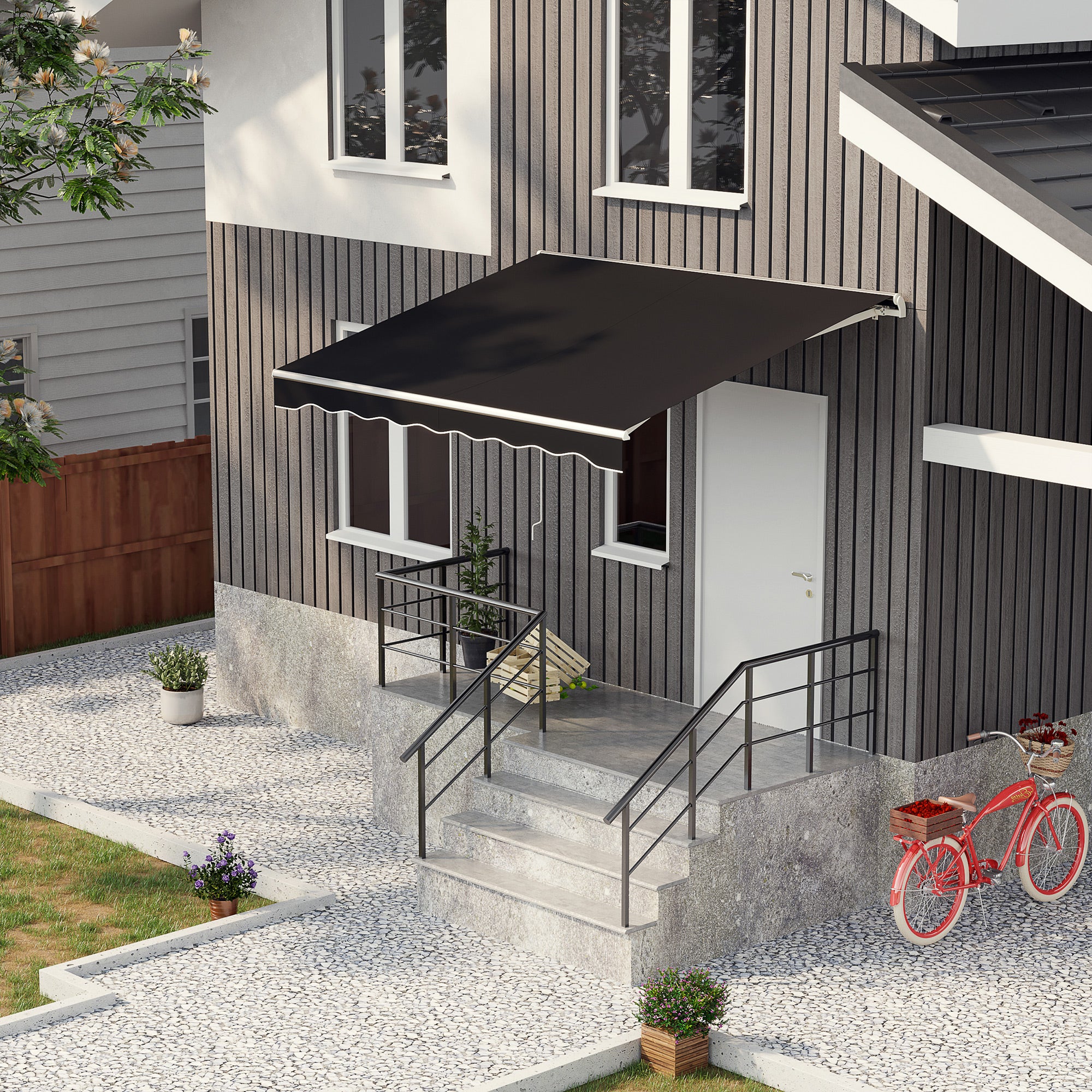 Outsunny 10' x 8' Electric Awning, Retractable Awning Sun Shade Shelter with Remote Controller, Manual Crank Handle and Aluminum Frame, for Deck, Balcony, Yard, Black