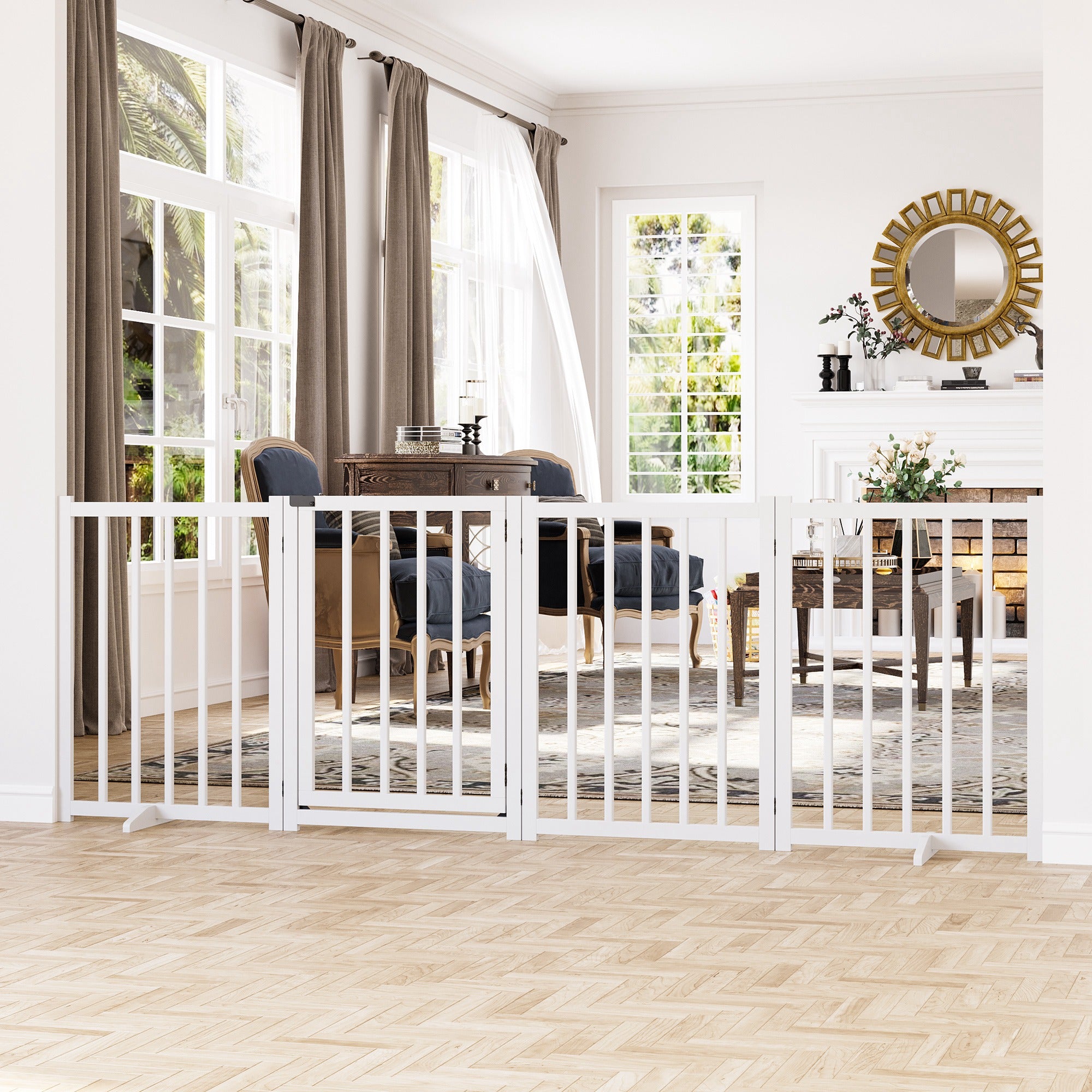 PawHut Wooden Dog Gate, Dog Fence Indoor, 80 cm Tall Freestanding Pet Gate for Small and Medium Dogs with 4 Panels, 2 Support Feet, White