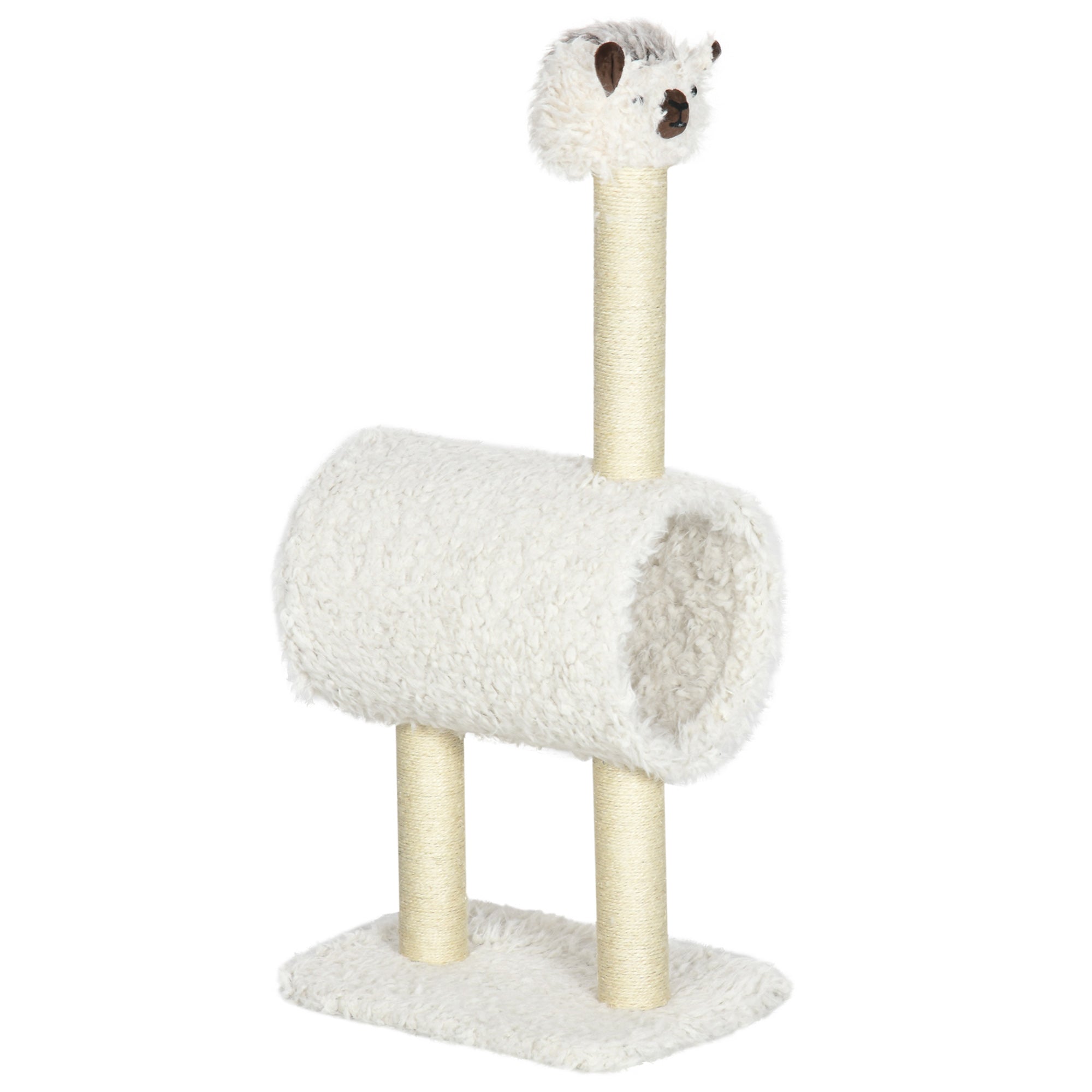 PawHut 37.4" Cat Tree, Alpaca-shaped Kitty Activity Center, Cat Climbing Toy with Tunnel Sisal Scratching Post, Cream