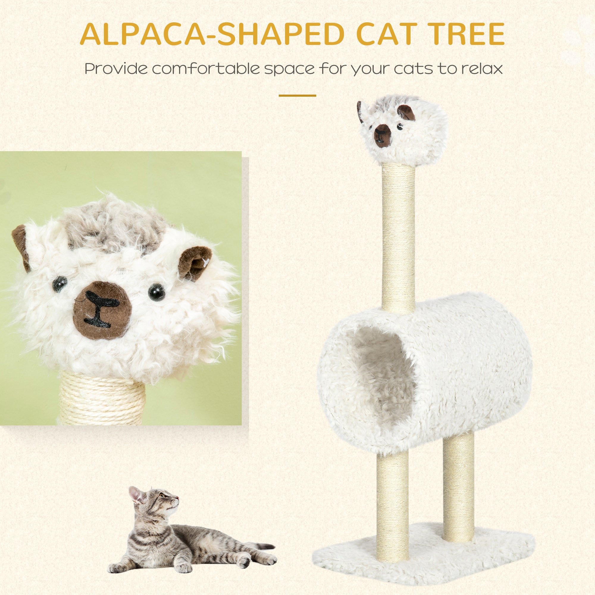 PawHut 37.4" Cat Tree, Alpaca-shaped Kitty Activity Center, Cat Climbing Toy with Tunnel Sisal Scratching Post, Cream