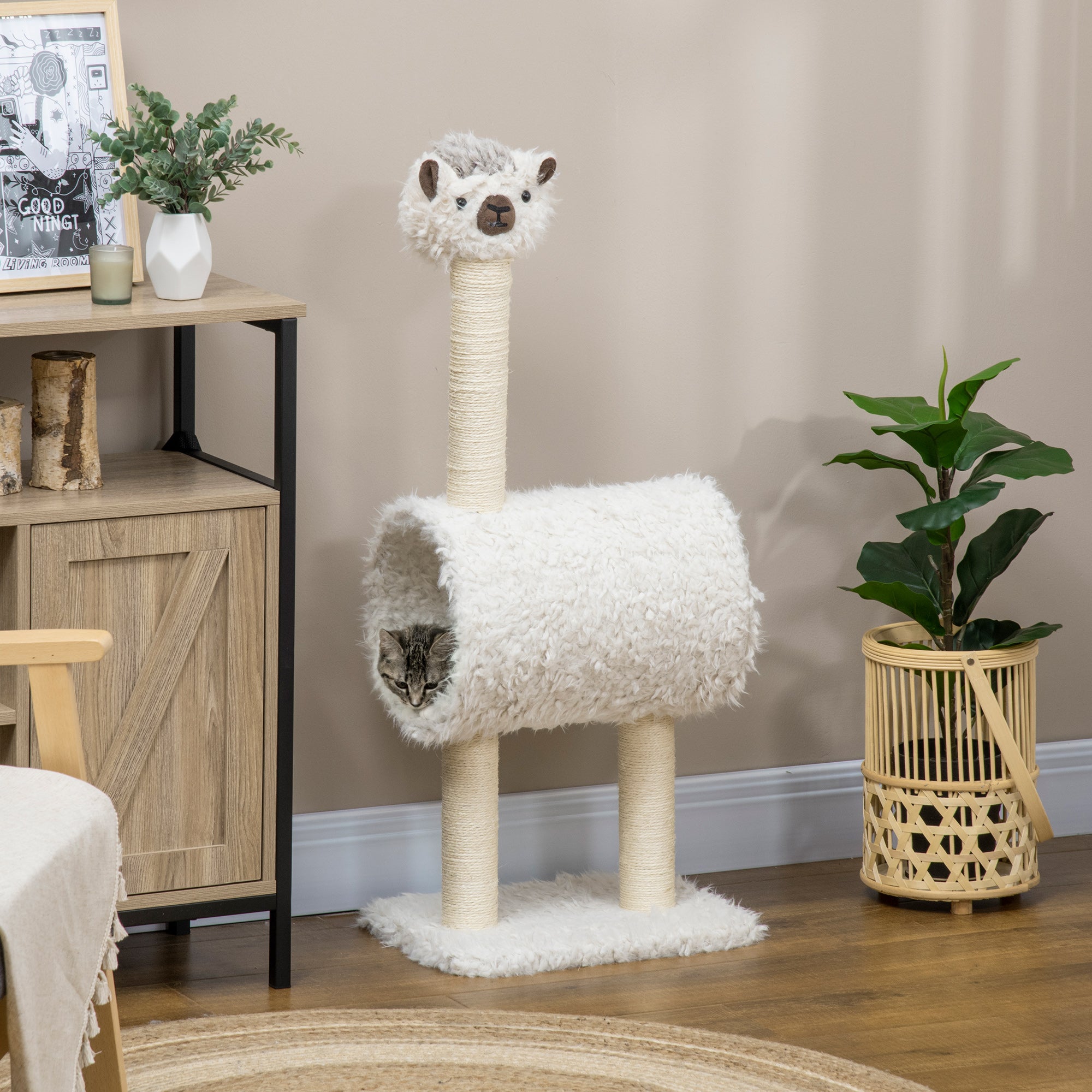 PawHut 37.4" Cat Tree, Alpaca-shaped Kitty Activity Center, Cat Climbing Toy with Tunnel Sisal Scratching Post, Cream