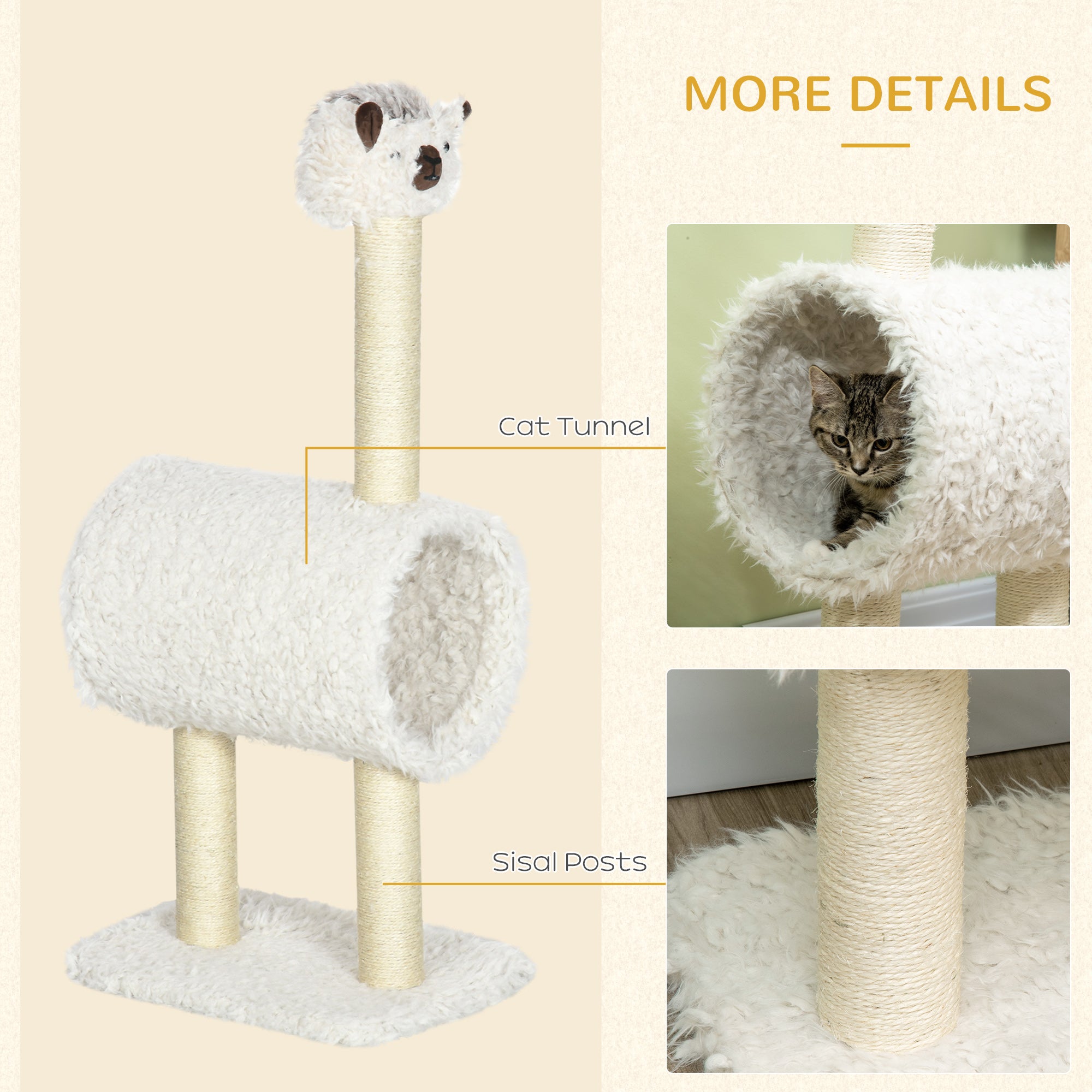 PawHut 37.4" Cat Tree, Alpaca-shaped Kitty Activity Center, Cat Climbing Toy with Tunnel Sisal Scratching Post, Cream