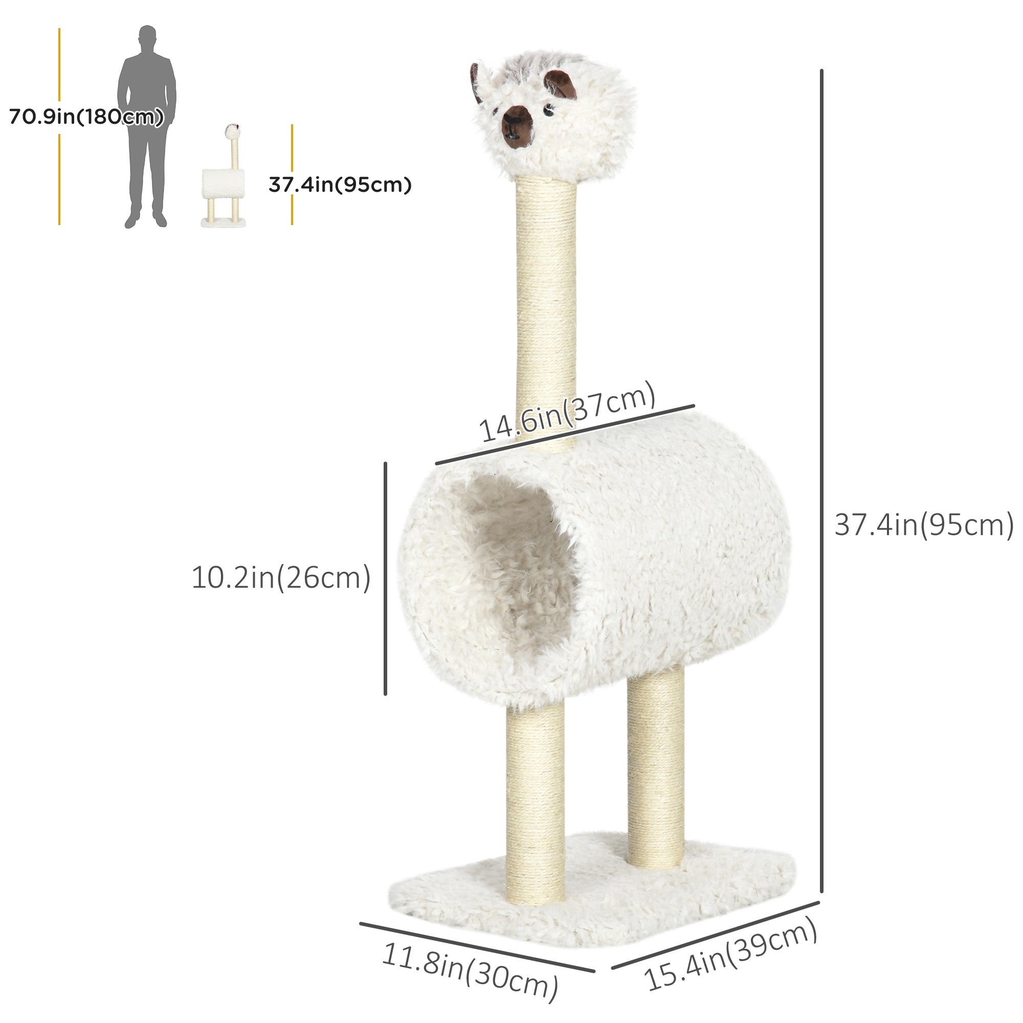 PawHut 37.4" Cat Tree, Alpaca-shaped Kitty Activity Center, Cat Climbing Toy with Tunnel Sisal Scratching Post, Cream