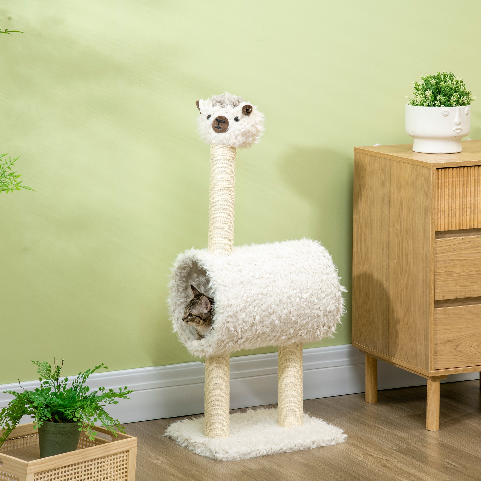 PawHut 37.4" Cat Tree, Alpaca-shaped Kitty Activity Center, Cat Climbing Toy with Tunnel Sisal Scratching Post, Cream