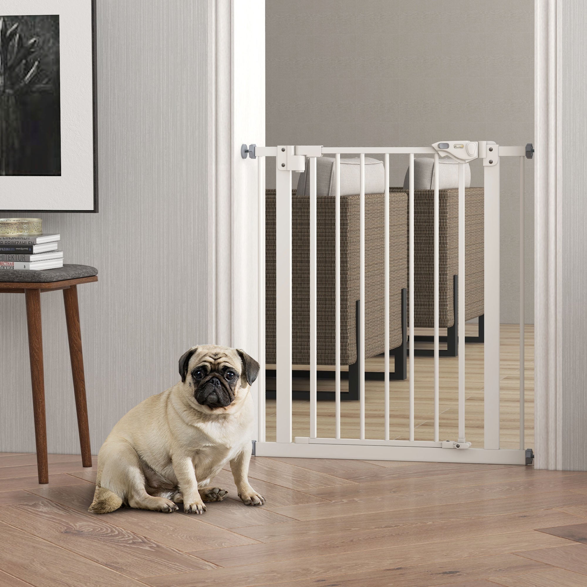 PawHut Dog Gate Stair Gate Pressure Fit Pets Barrier Auto Close for Doorway Hallway, 74-80cm Wide Adjustable, White